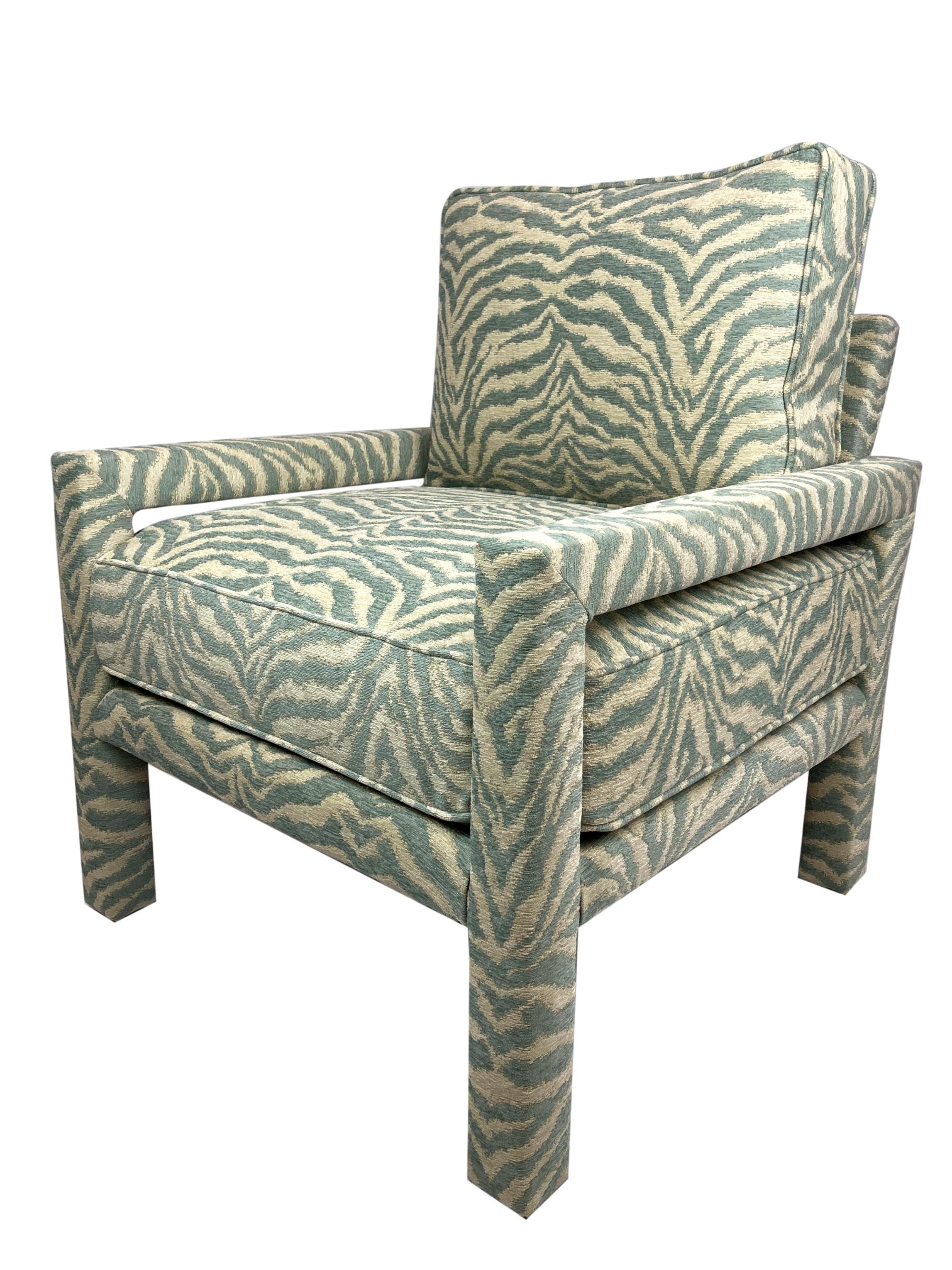 New Pair of Milo Baughman Style Parsons Chairs in Designer Celadon Zebra Fabric In New Condition For Sale In Banner Elk, NC