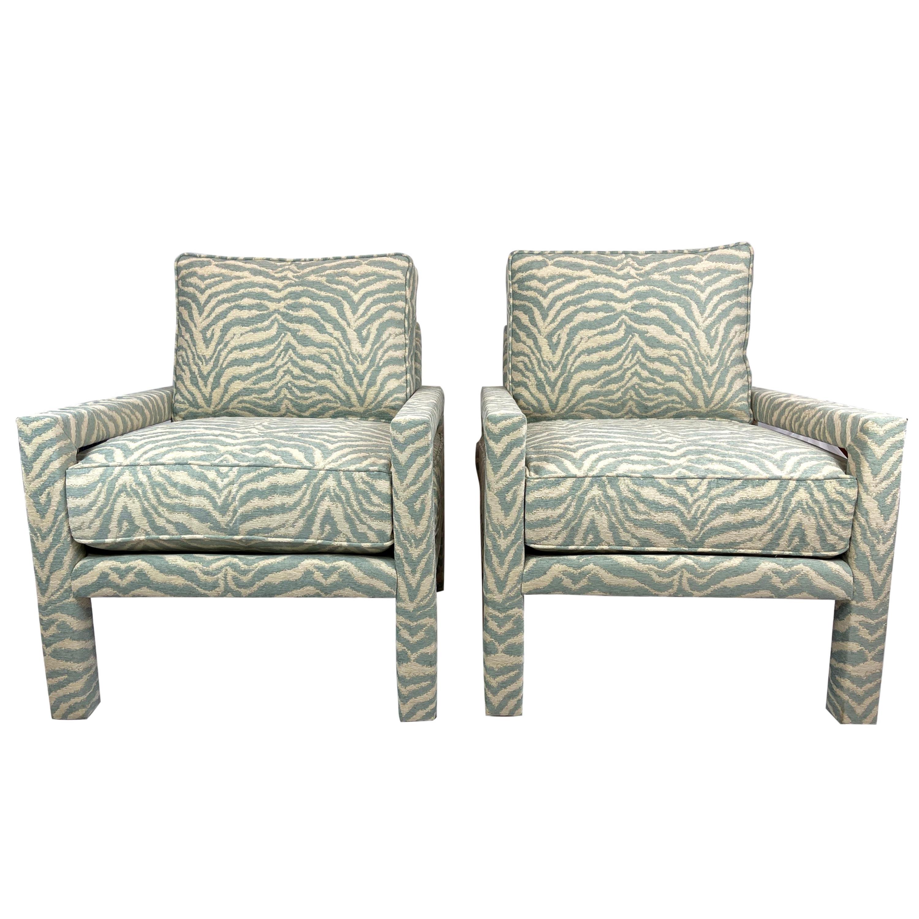 New Pair of Milo Baughman Style Parsons Chairs in Designer Celadon Zebra Fabric For Sale