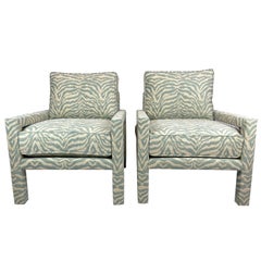 New Pair of Milo Baughman Style Parsons Chairs in Designer Celadon Zebra Fabric