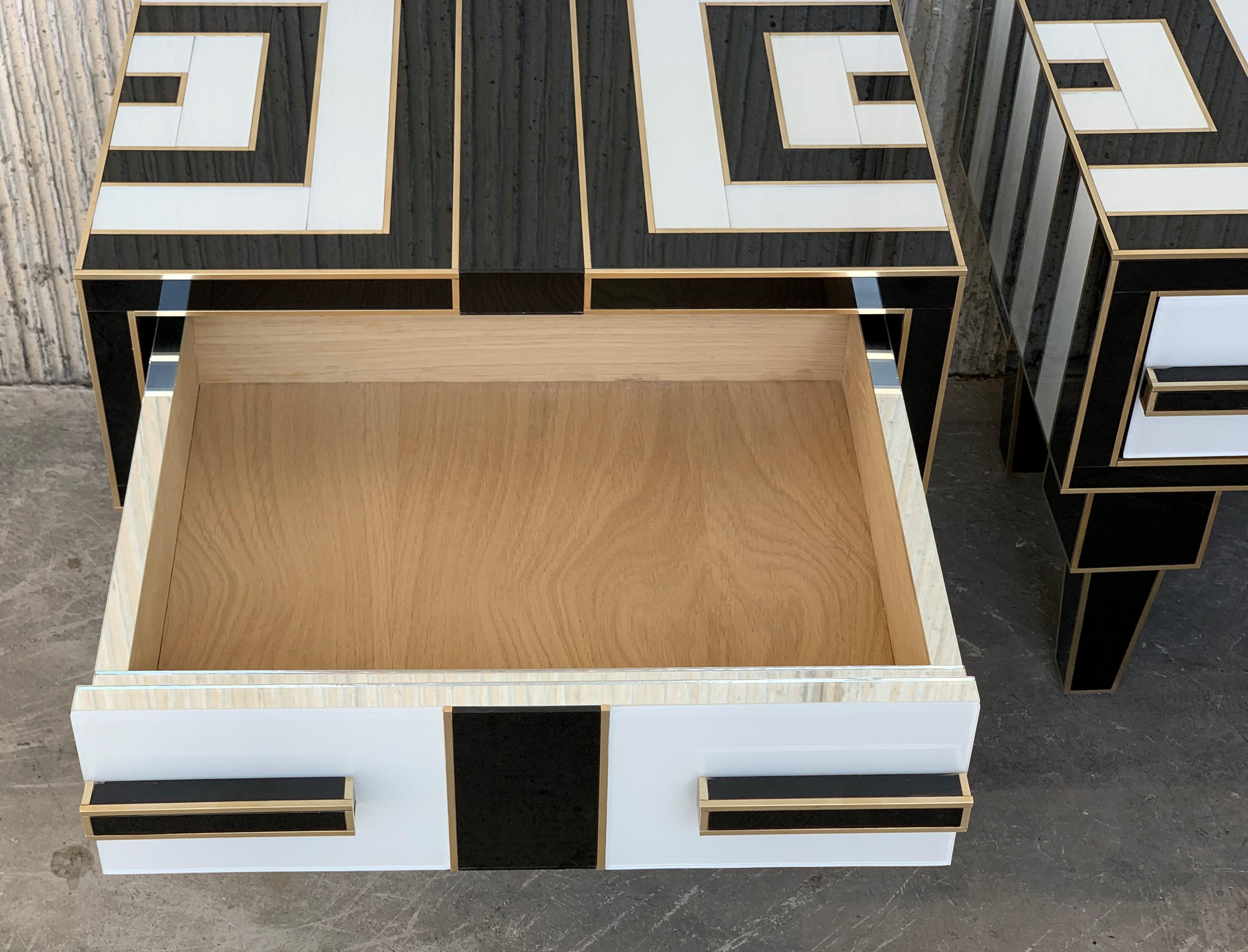 New Pair of Mirrored & Brass Nightstands with One-Drawer in Black & White Glass 4