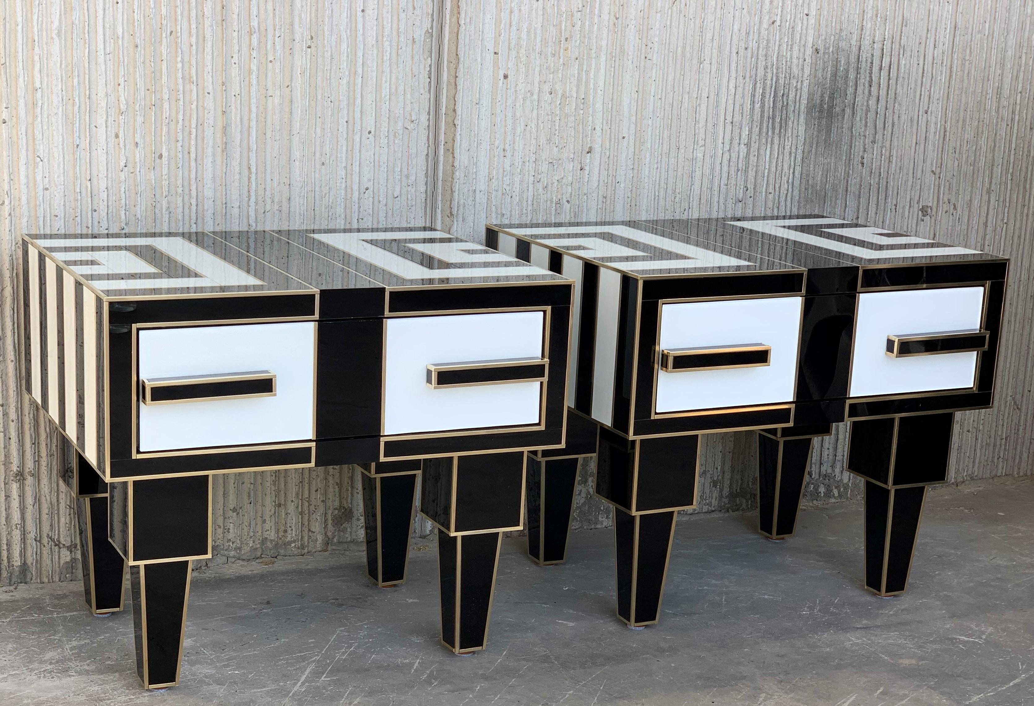 Modern New Pair of Mirrored & Brass Nightstands with One-Drawer in Black & White Glass