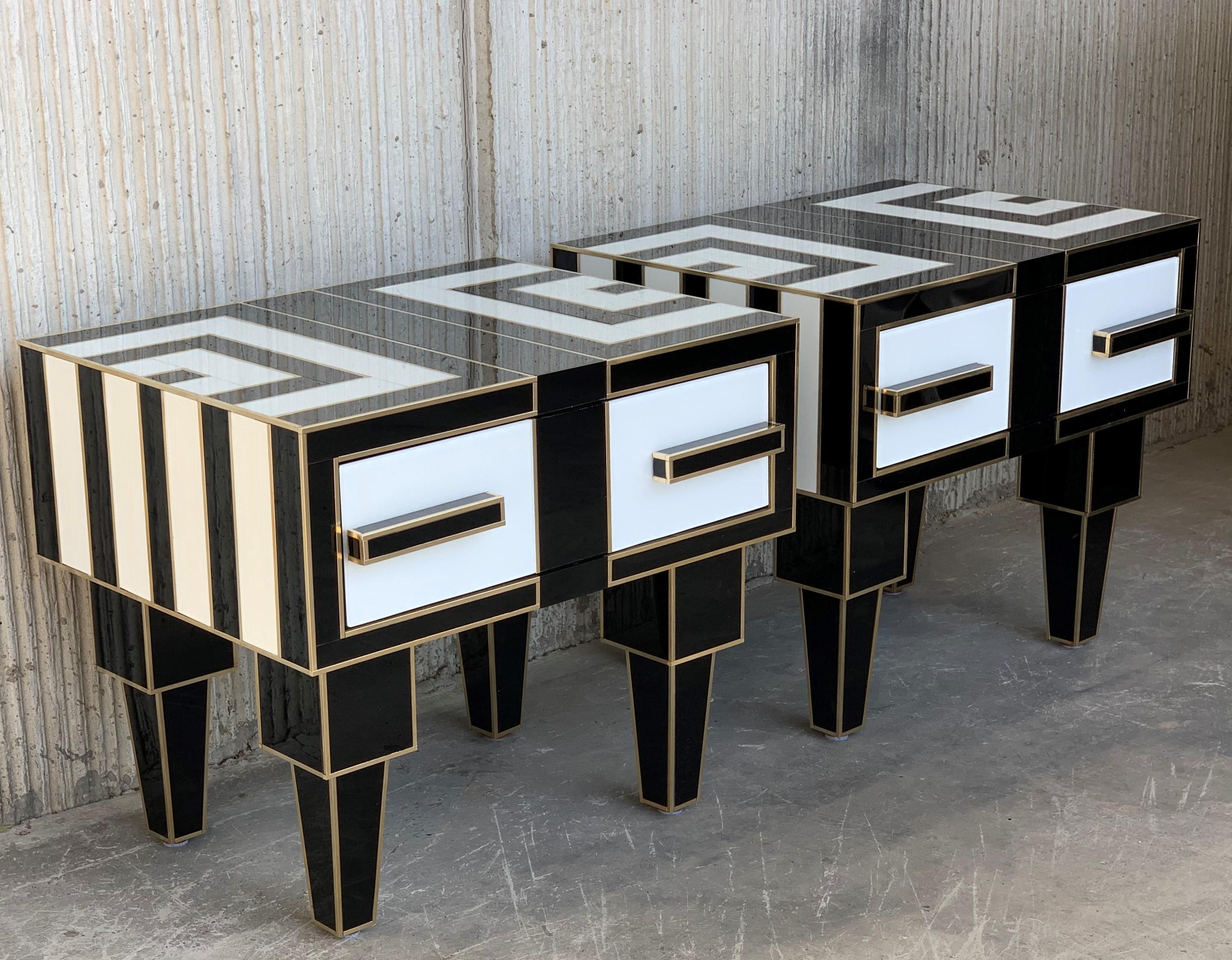 Spanish New Pair of Mirrored & Brass Nightstands with One-Drawer in Black & White Glass