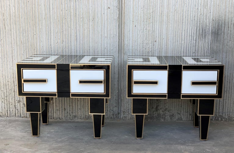 Contemporary New Pair of Mirrored & Brass Nightstands with One-Drawer in Black & White Glass