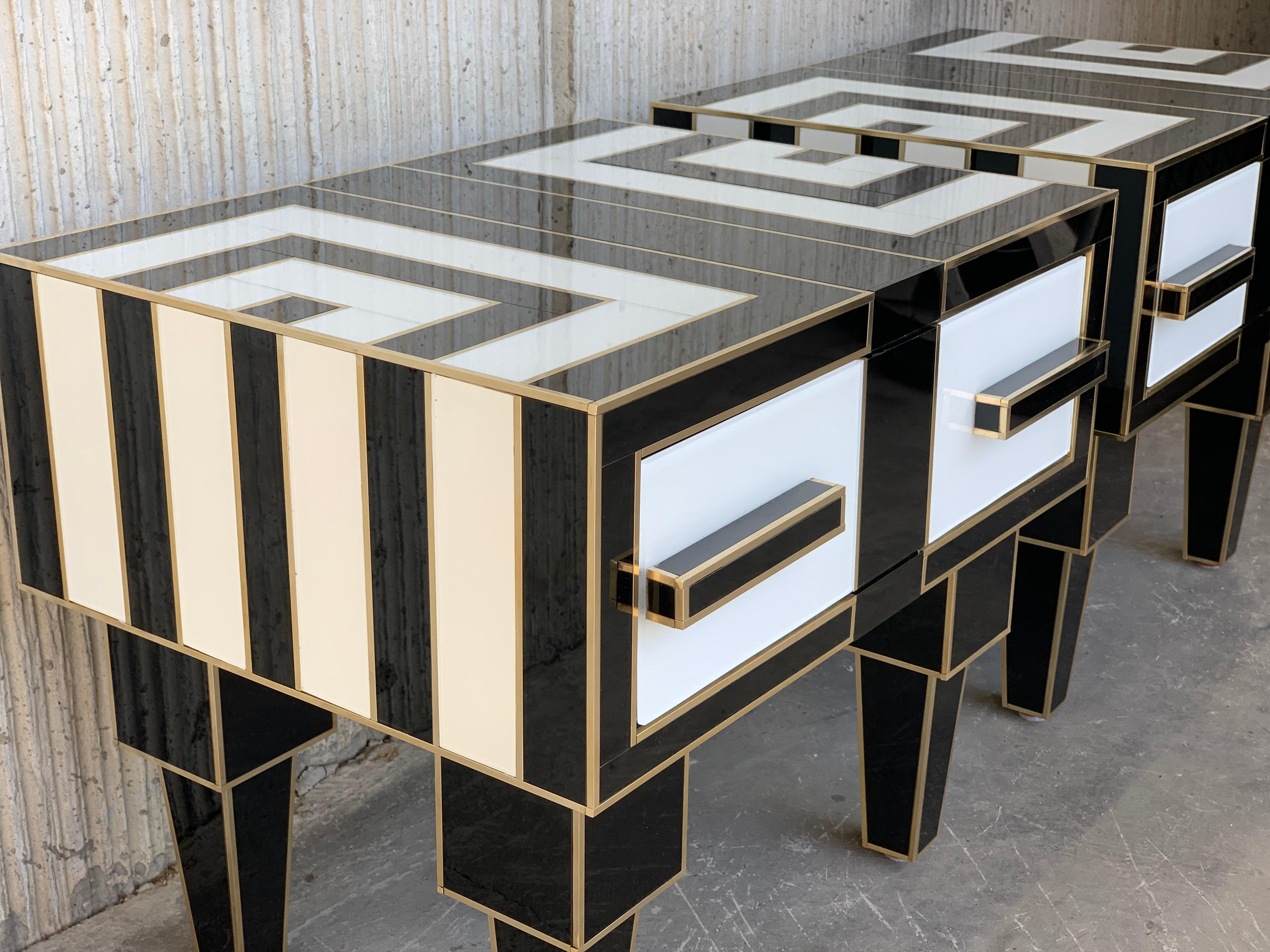 New Pair of Mirrored & Brass Nightstands with One-Drawer in Black & White Glass 1