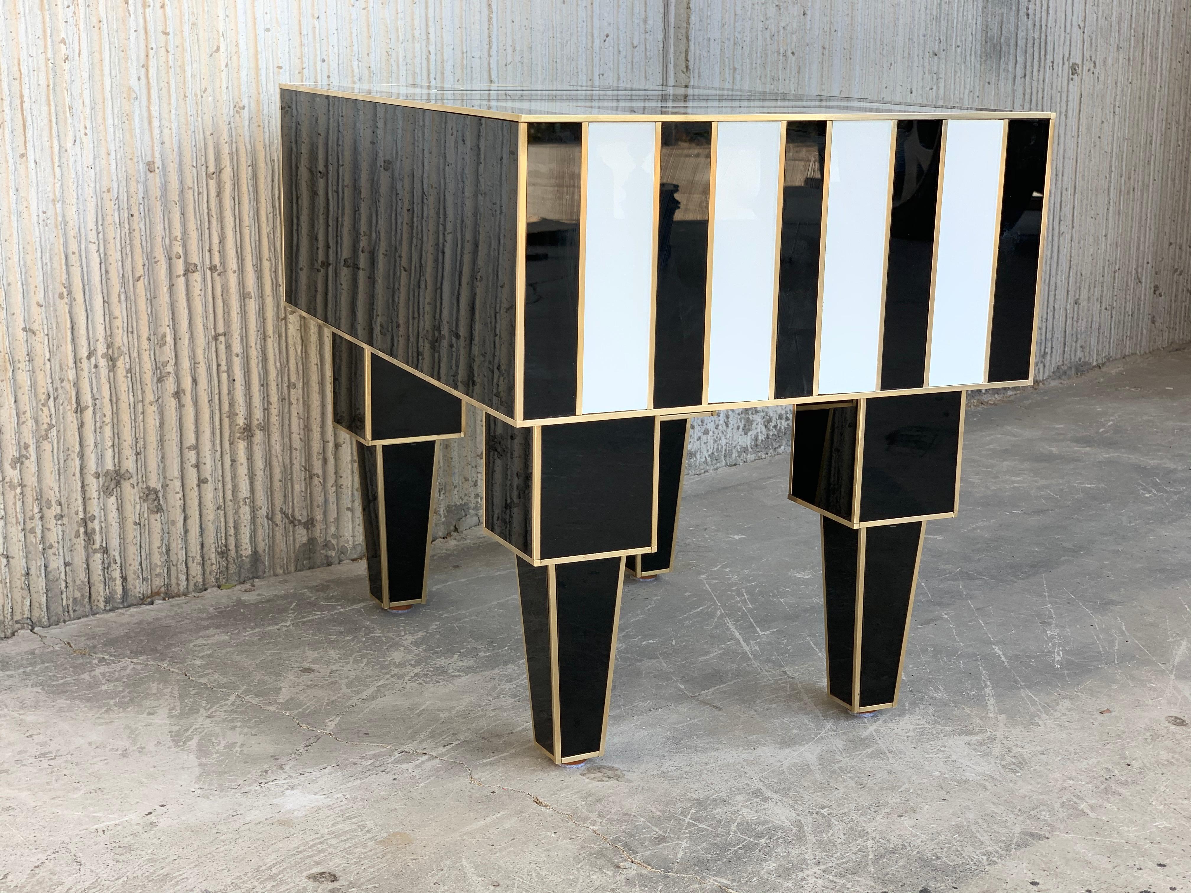 New Pair of Mirrored & Brass Nightstands with One-Drawer in Black & White Glass 2