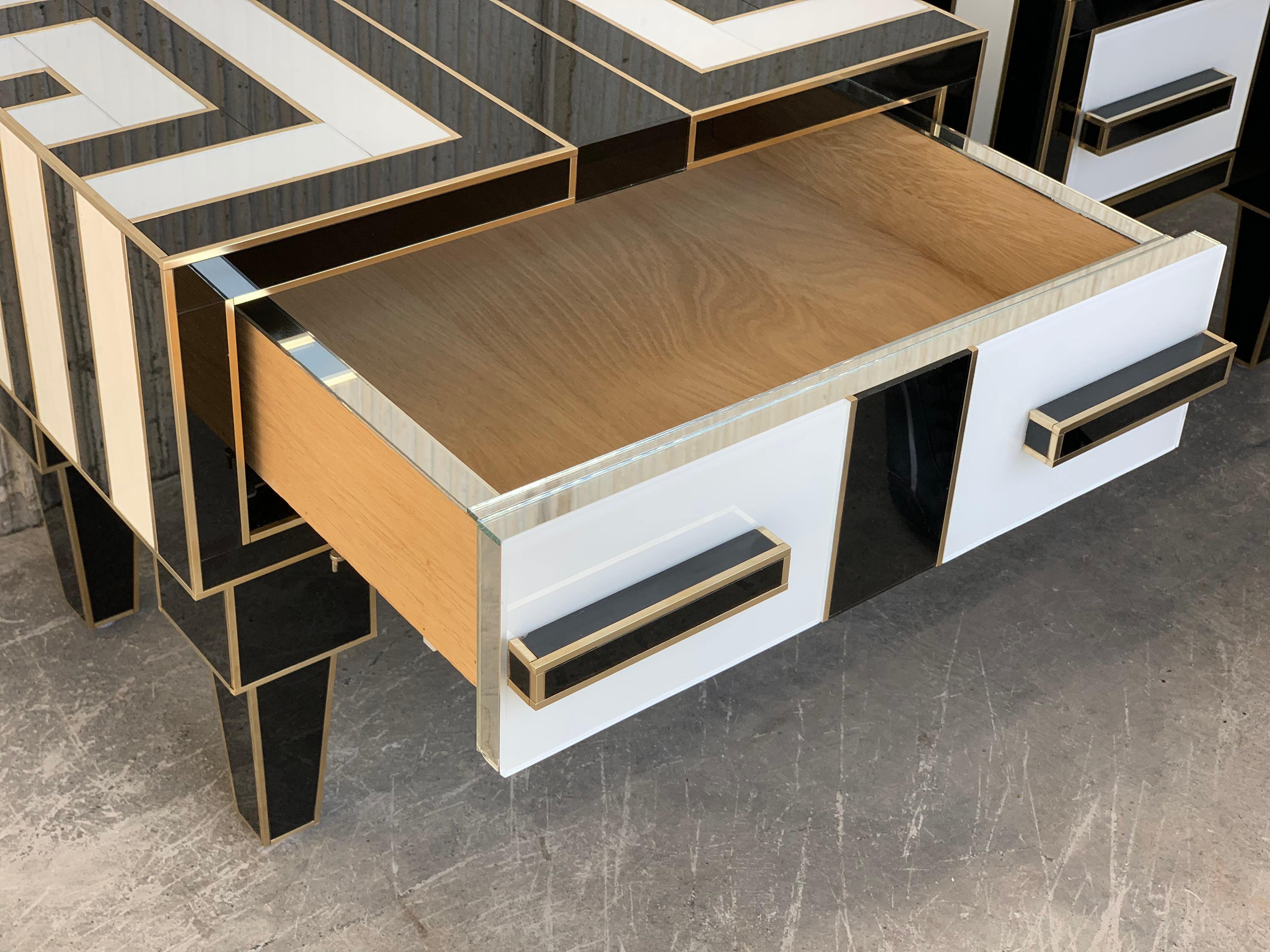New Pair of Mirrored & Brass Nightstands with One-Drawer in Black & White Glass 3