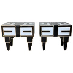 New Pair of Mirrored & Brass Nightstands with One-Drawer in Black & White Glass