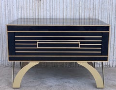 New Pair of Mirrored Low Nightstand in Black Glass, Mirror & Chrome with Drawer