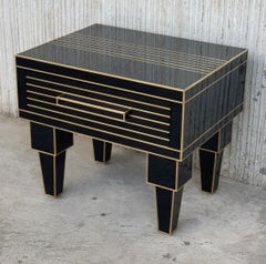 New Pair of Mirrored Low Nightstand in Black Mirror and Chrome with Drawer