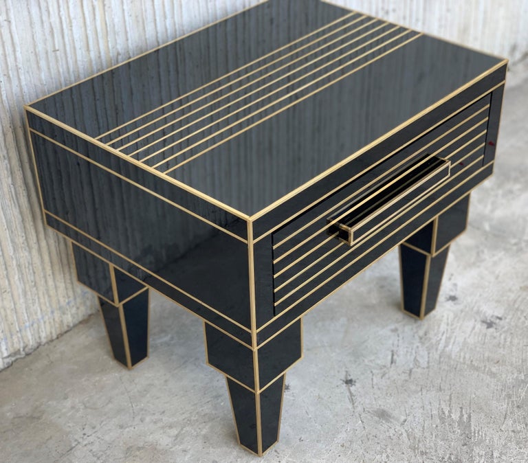 Art Deco New Pair of Mirrored Low Nightstand in Black Mirror and Chrome with Drawer For Sale