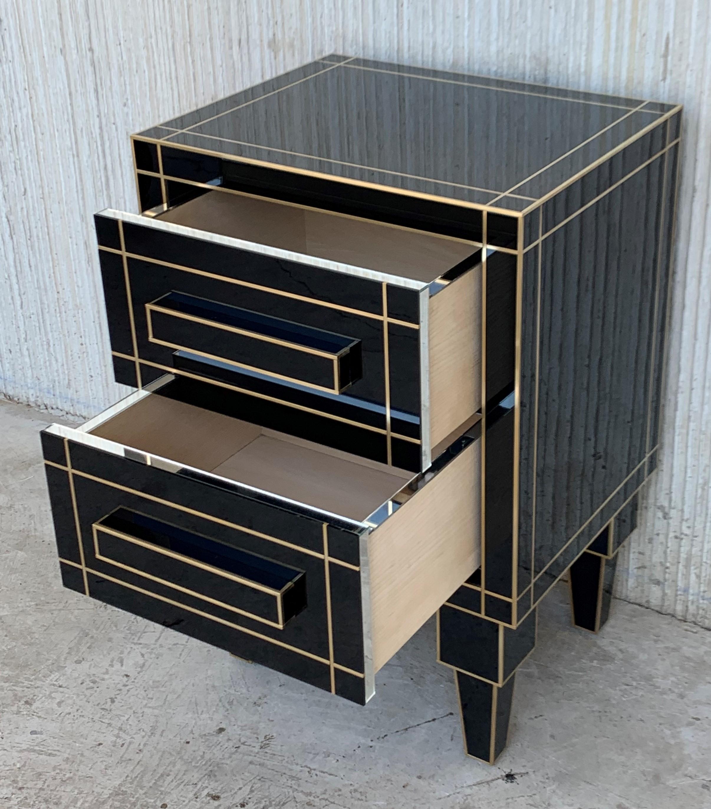 Brass New Pair of Mirrored Nightstands in Black Mirror with Two Drawers