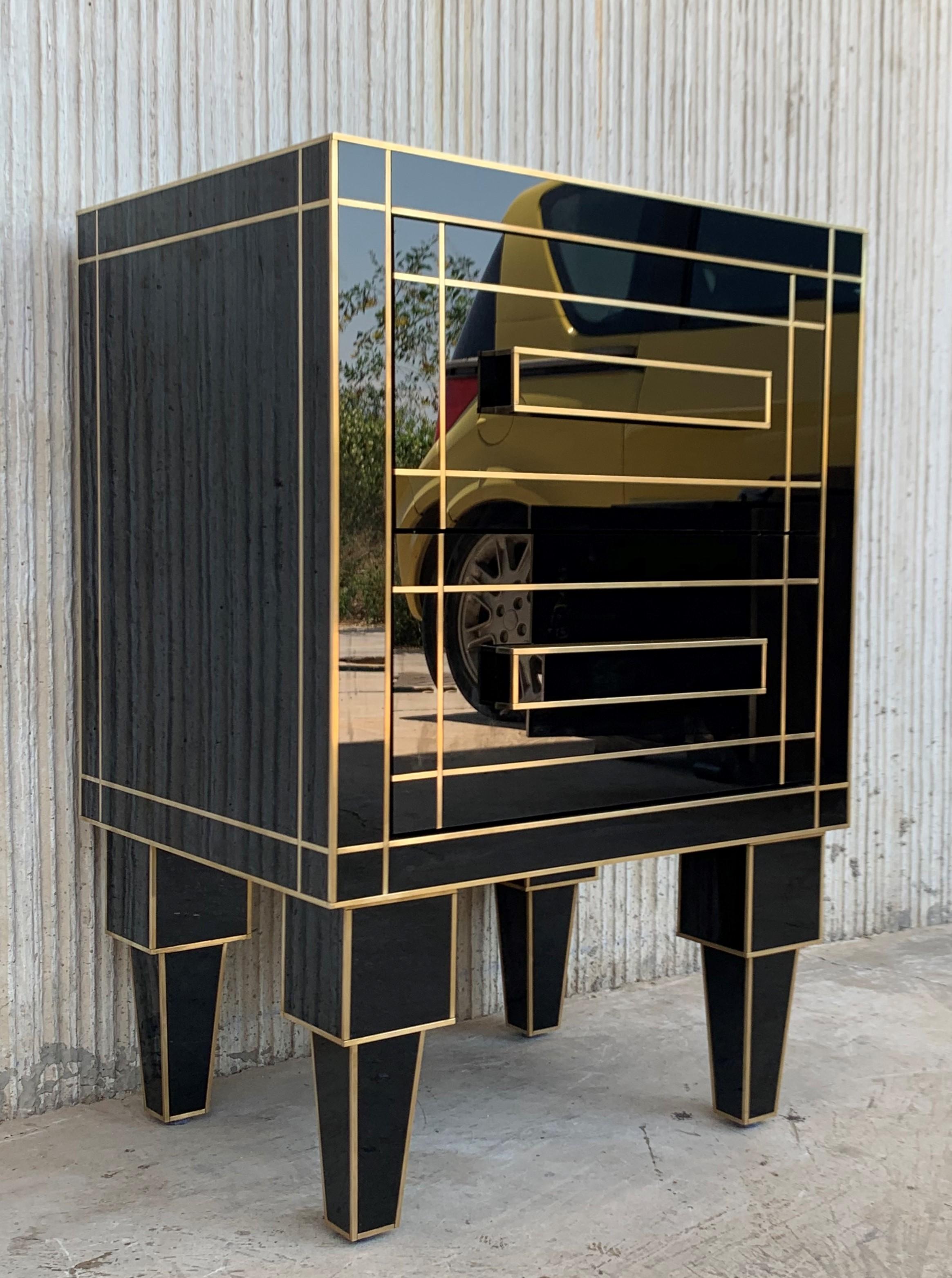 Art Deco New Pair of Mirrored Nightstands in Black Mirror with Two Drawers