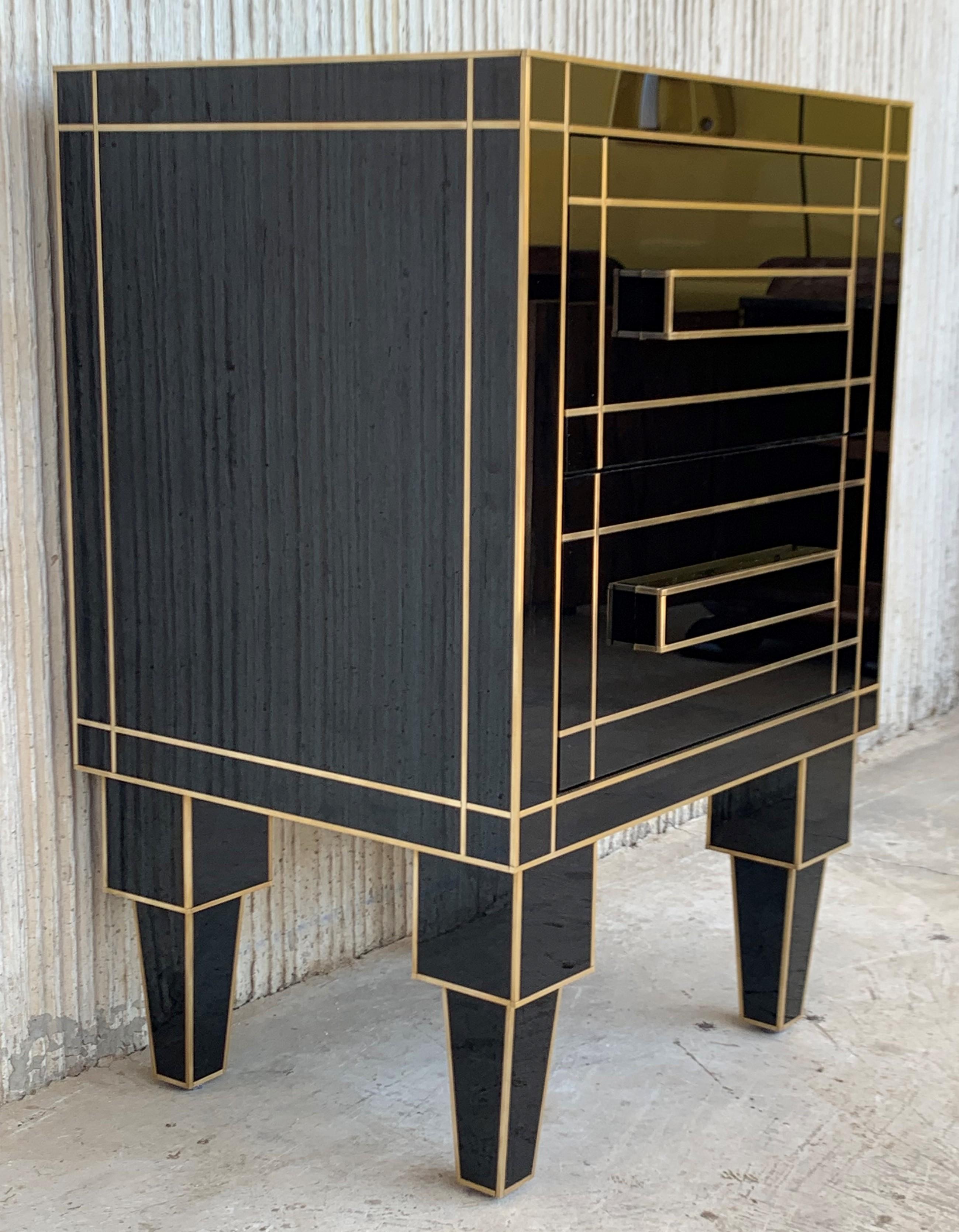 Spanish New Pair of Mirrored Nightstands in Black Mirror with Two Drawers