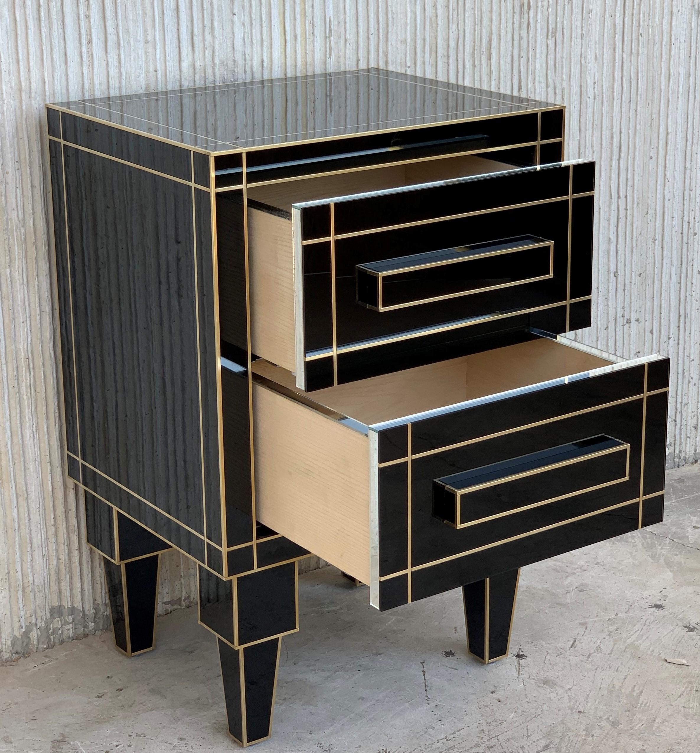 Contemporary New Pair of Mirrored Nightstands in Black Mirror with Two Drawers