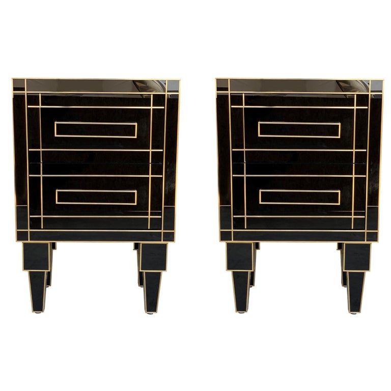 New Pair of Mirrored Nightstands in Black Mirror with Two Drawers For Sale