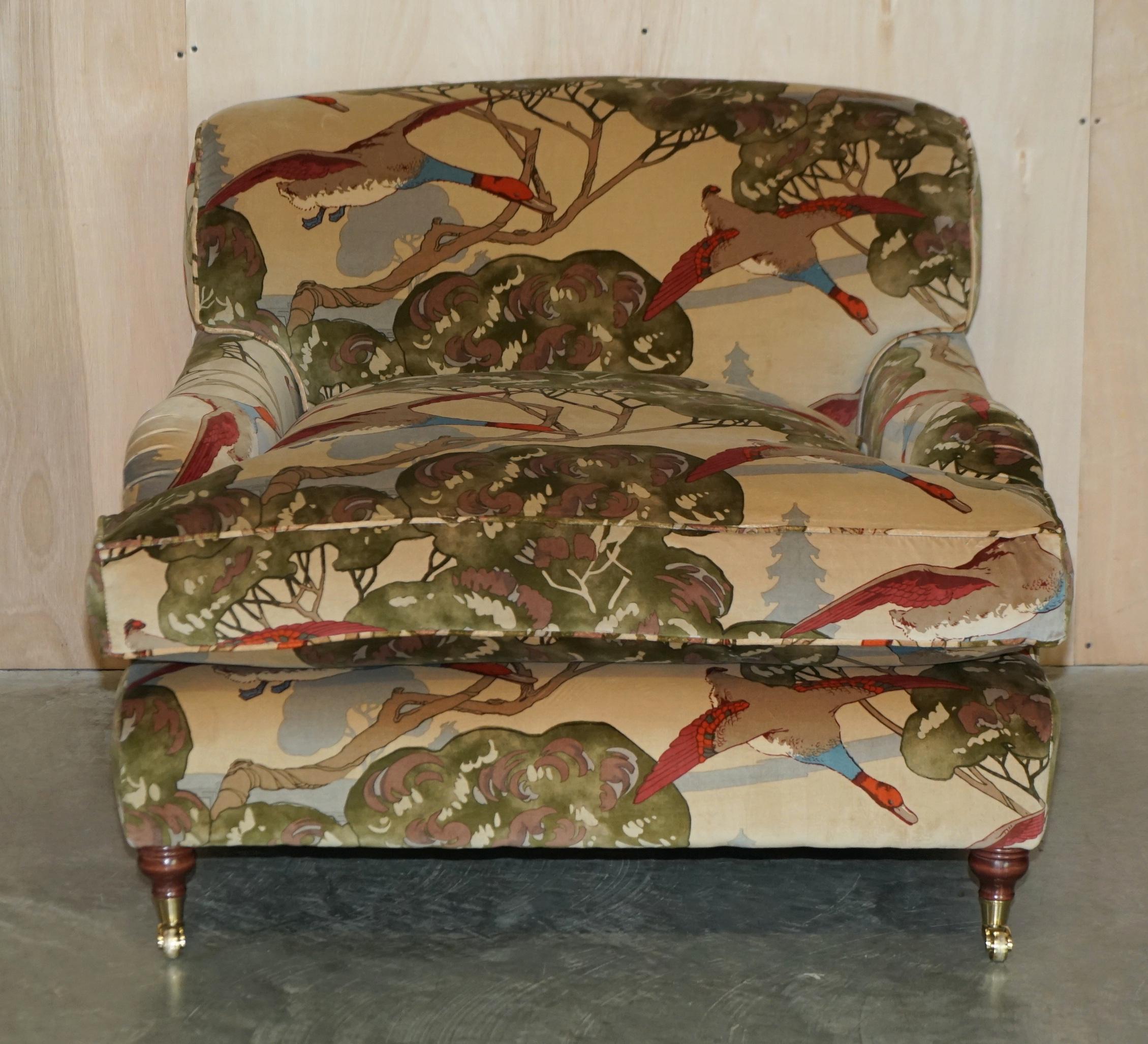 English New Pair of Mulberry Custom Howard Love Seat Armchairs Flying Ducks Silk Velvet