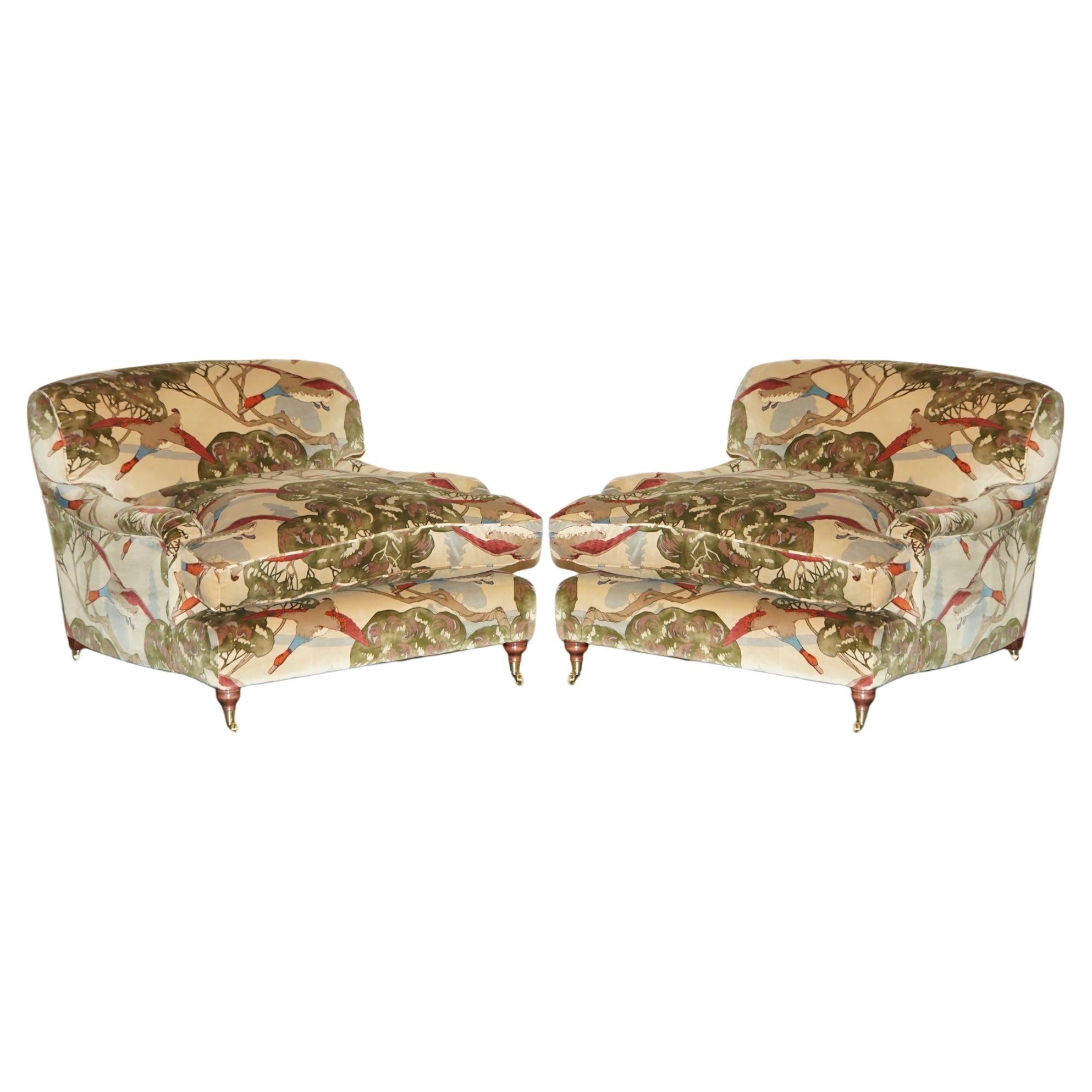 New Pair of Mulberry Custom Howard Love Seat Armchairs Flying Ducks Silk Velvet