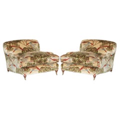 Vintage New Pair of Mulberry Custom Howard Love Seat Armchairs Flying Ducks Silk Velvet