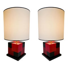 Nueva Pareja de Lámparas de Mesa en Marquetería Tintada Roja y Negra de Aymeric Lefort