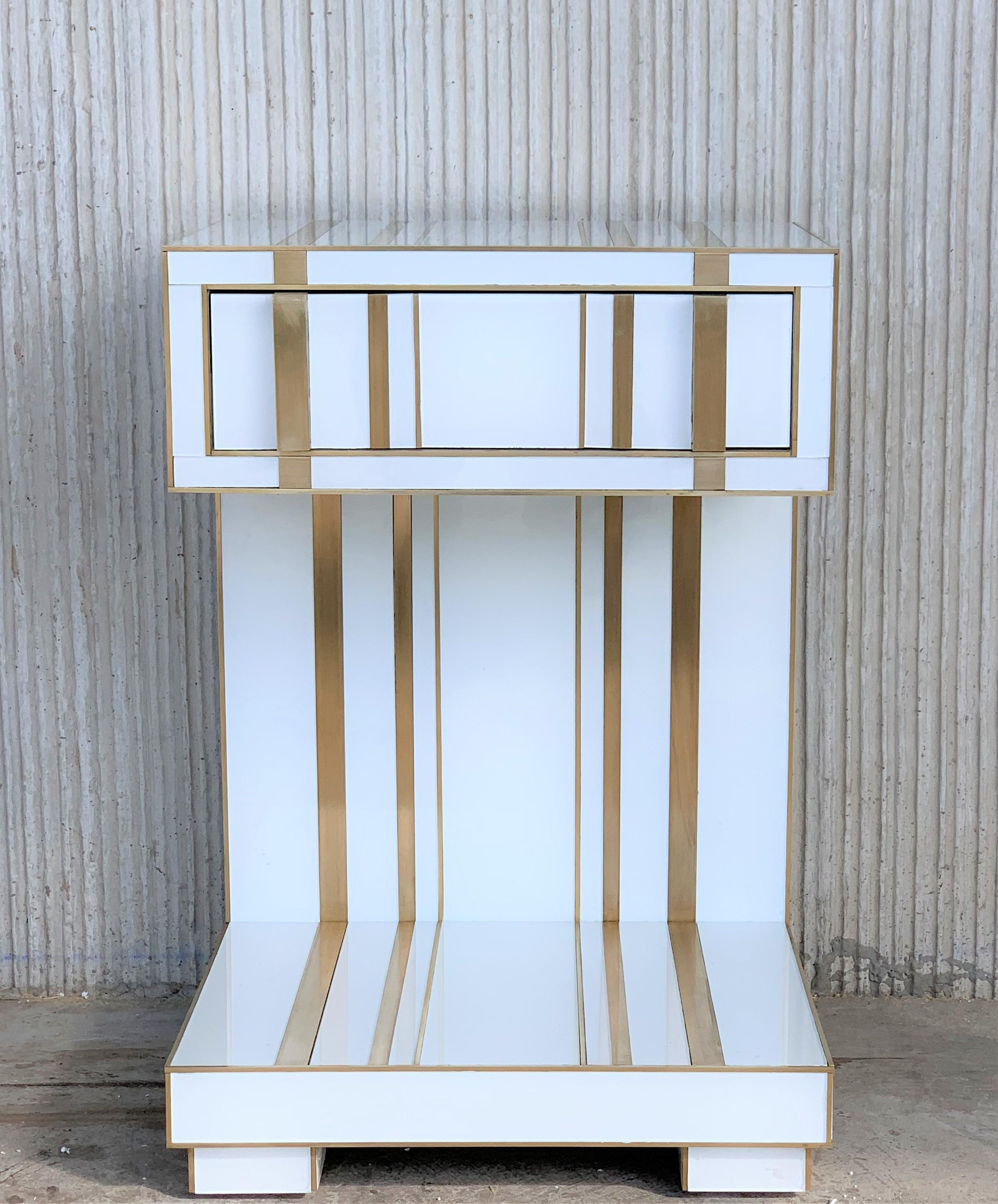 Modern New Pair of White and Brass Nightstands with Drawer and Low Shelve