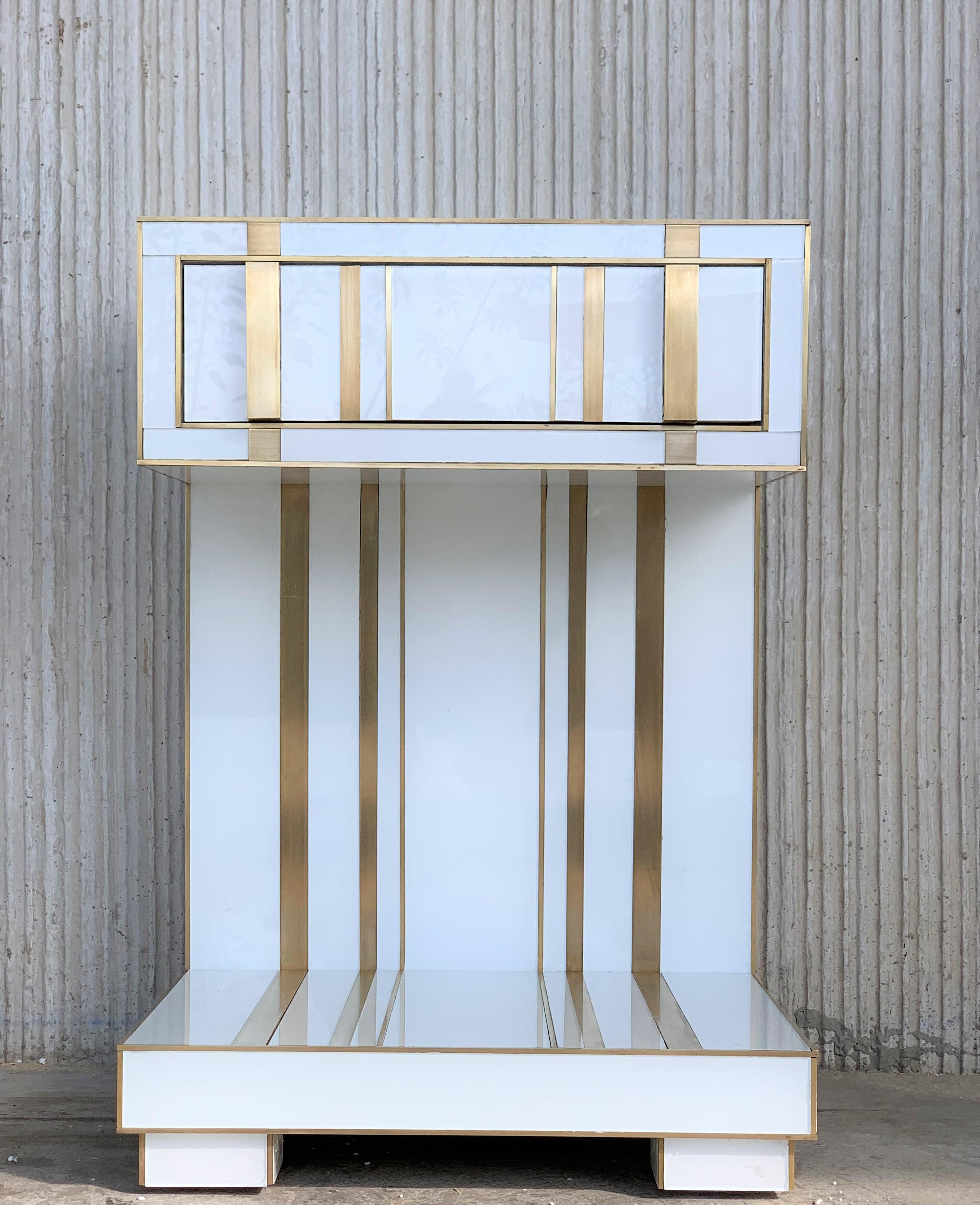 Spanish New Pair of White and Brass Nightstands with Drawer and Low Shelve