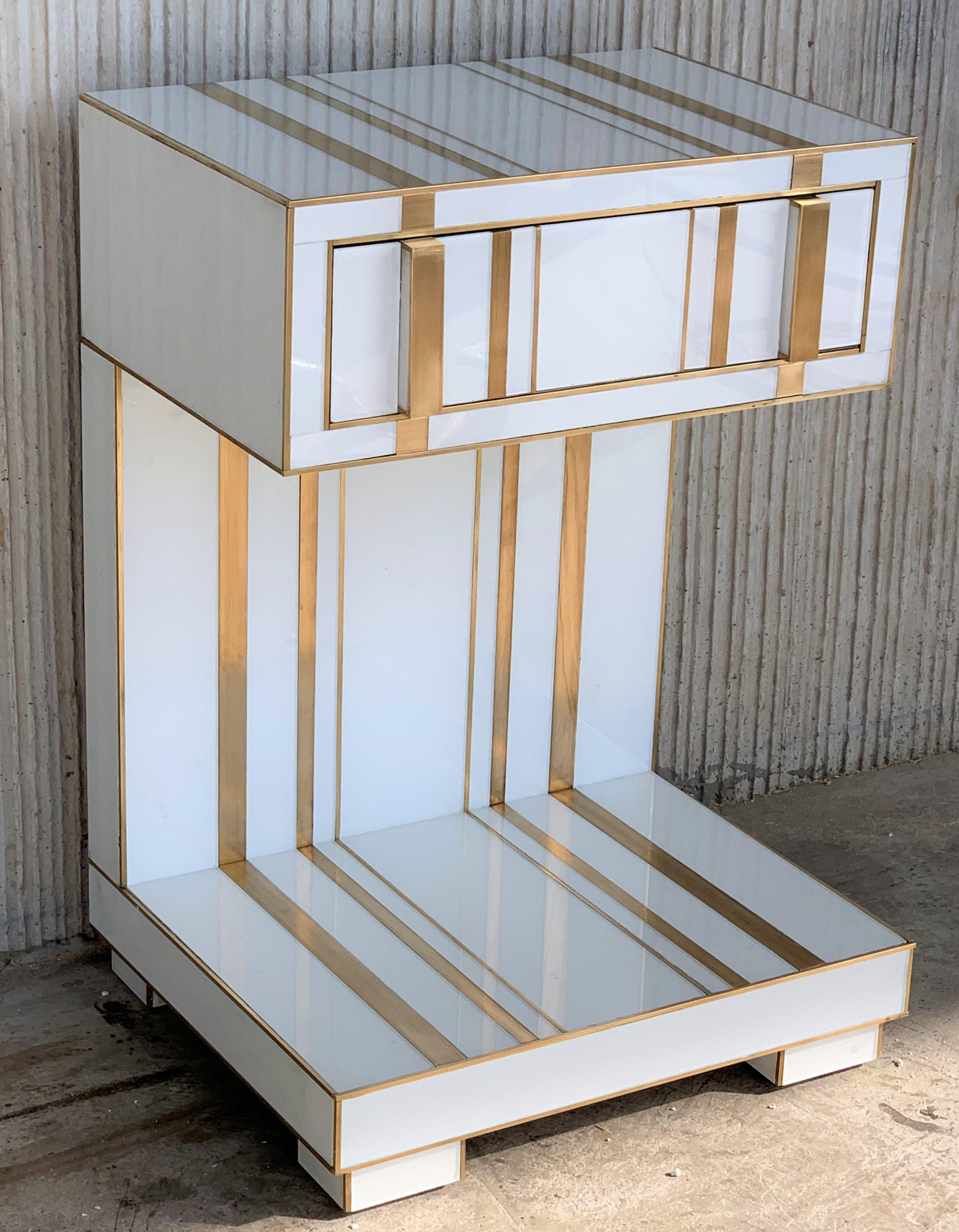 Contemporary New Pair of White and Brass Nightstands with Drawer and Low Shelve