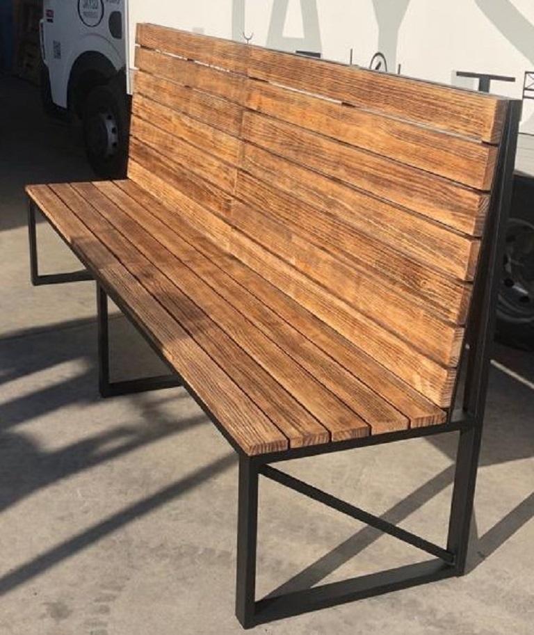 Spanish New Park or Garden Bench in Iron Structure with Wood Slabs, Indoor and Outdoor For Sale