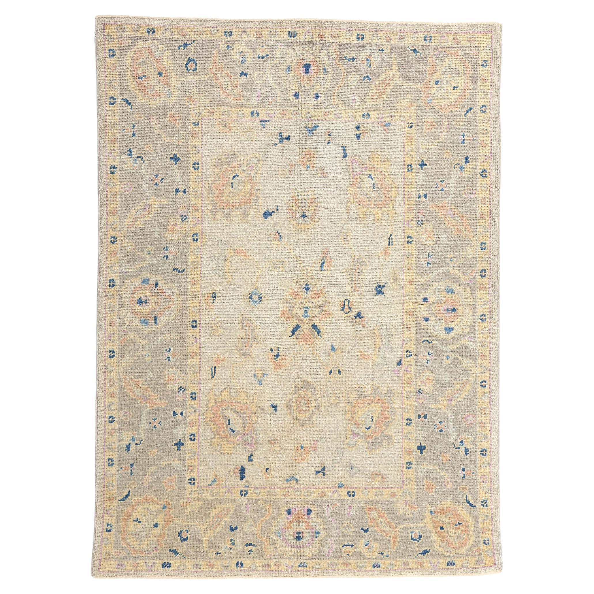 New Pastel Earth-Tone Contemporary Turkish Oushak Rug For Sale