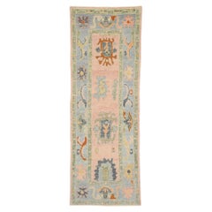 New Pastel Pink and Blue Contemporary Turkish Oushak Runner with Modern Style