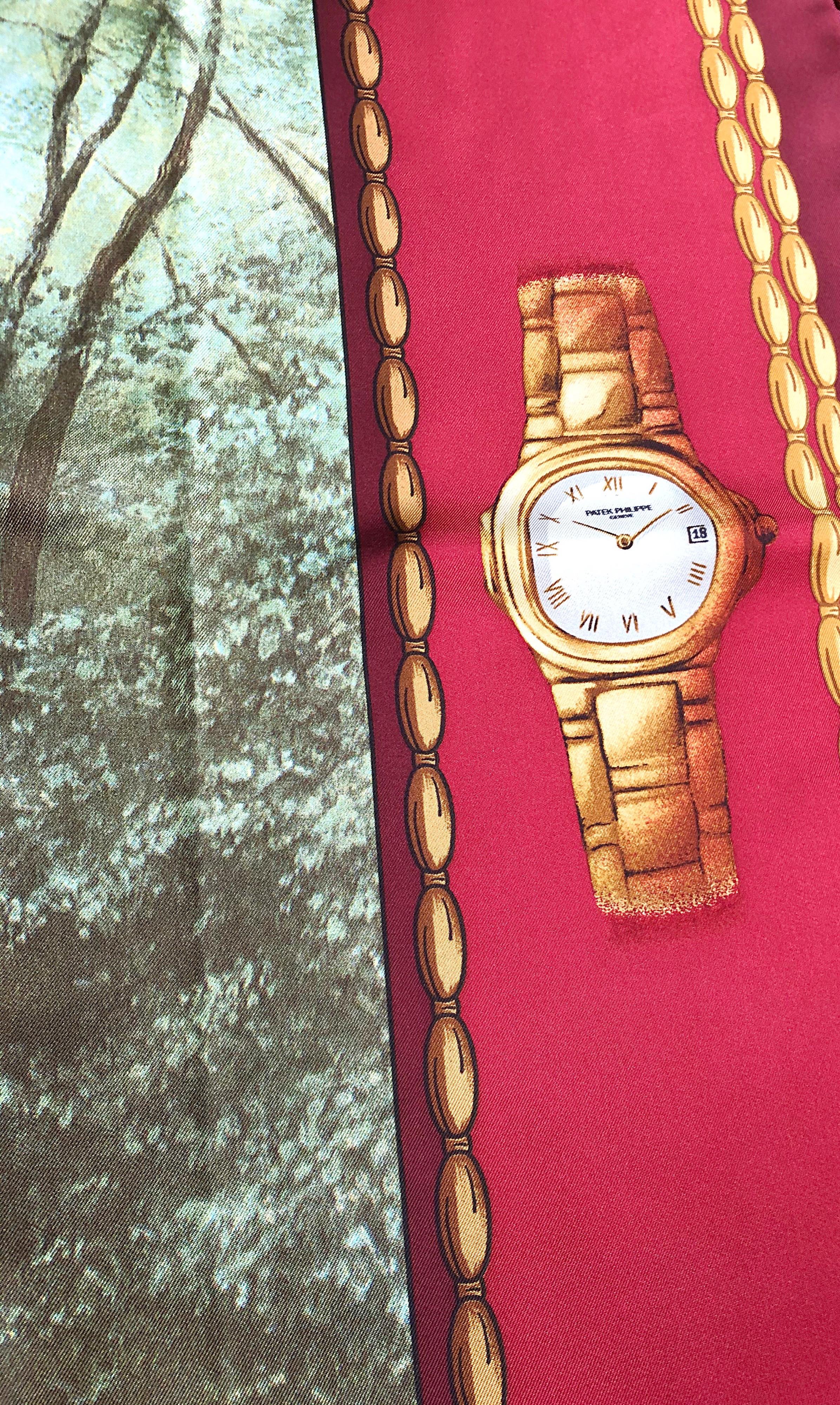 New Patek Philippe 1990s Novelty Watch Print 34 x 34 Vintage Silk Scarf with Box In New Condition For Sale In San Diego, CA