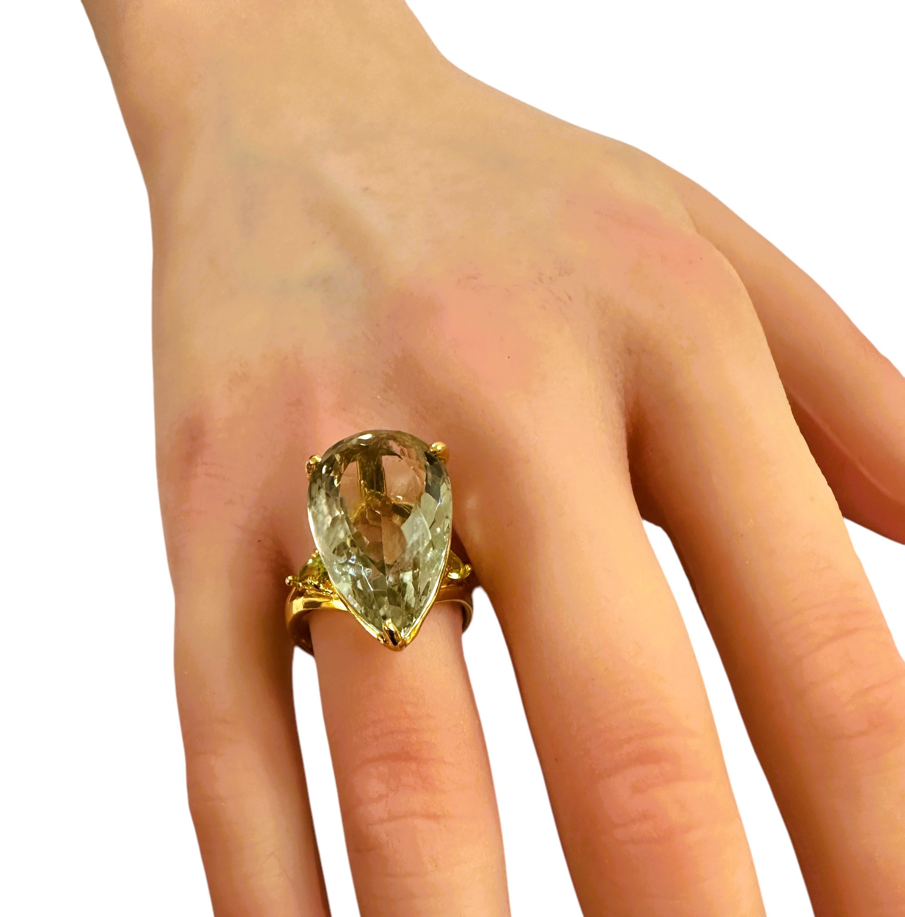 New Pear Cut 18 Carat Green Amethyst Yellow Gold Pl Sterling Ring Size 7.5 5