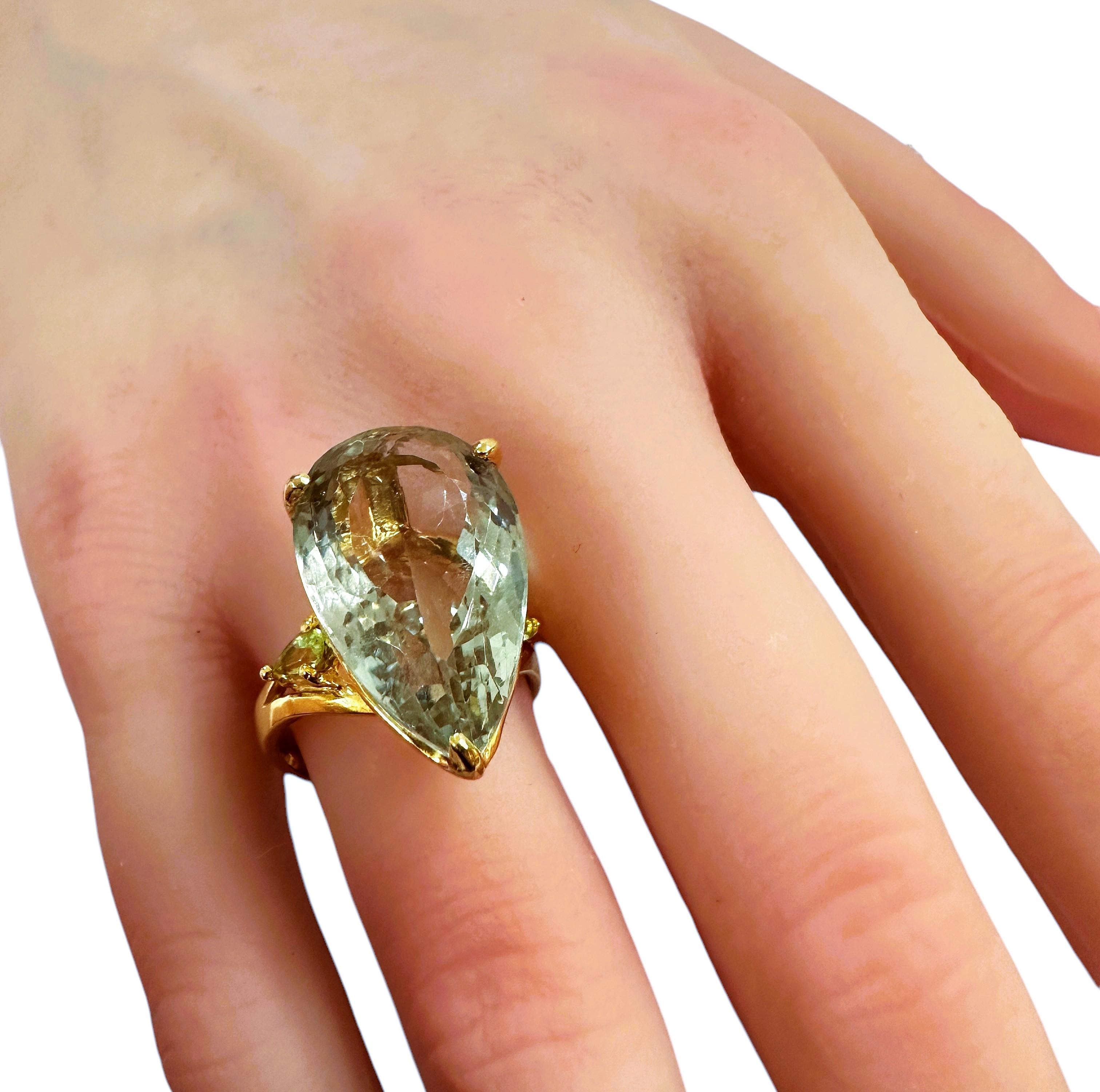 New Pear Cut 18 Carat Green Amethyst Yellow Gold Pl Sterling Ring Size 7.5 3