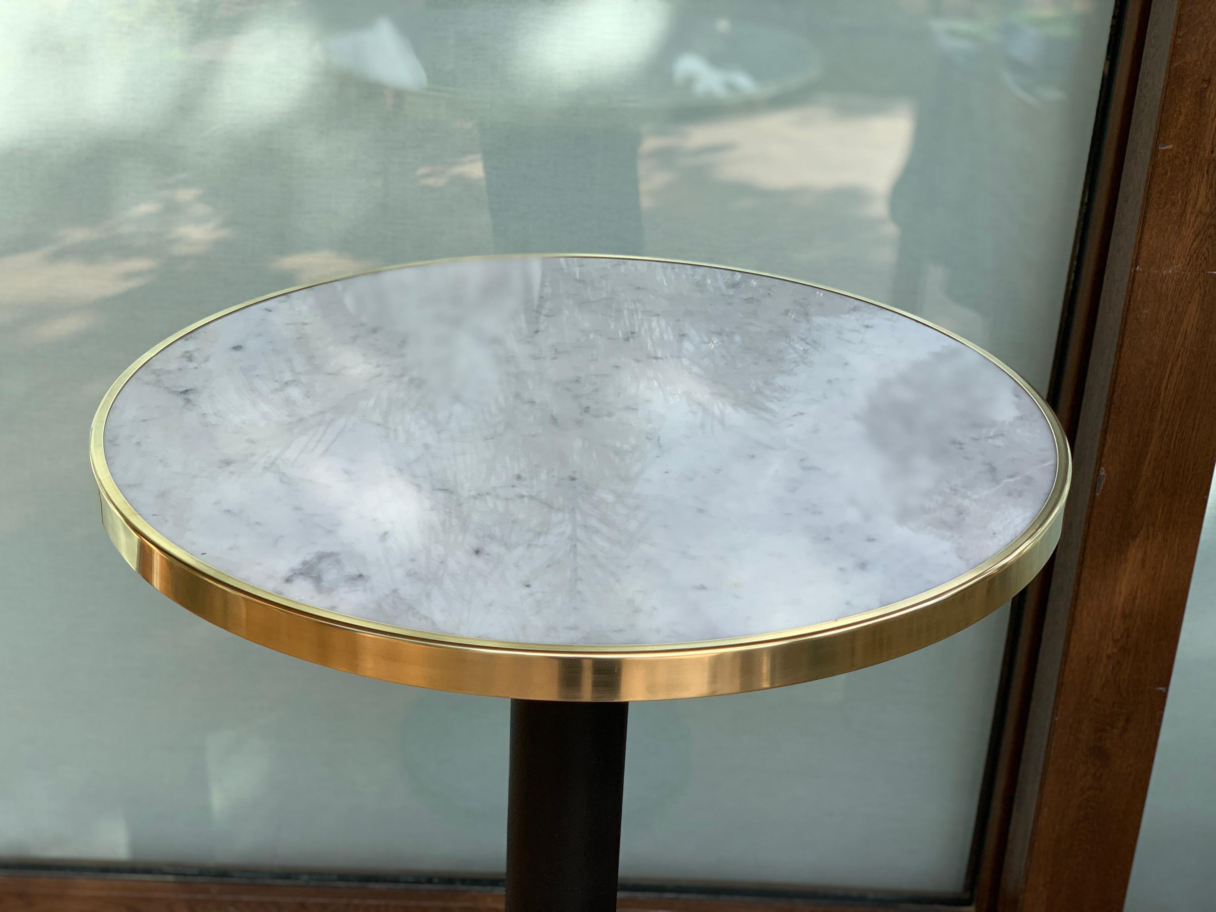 Spanish New Pedestal High Cocktail table with Marble and Brass Top For Sale