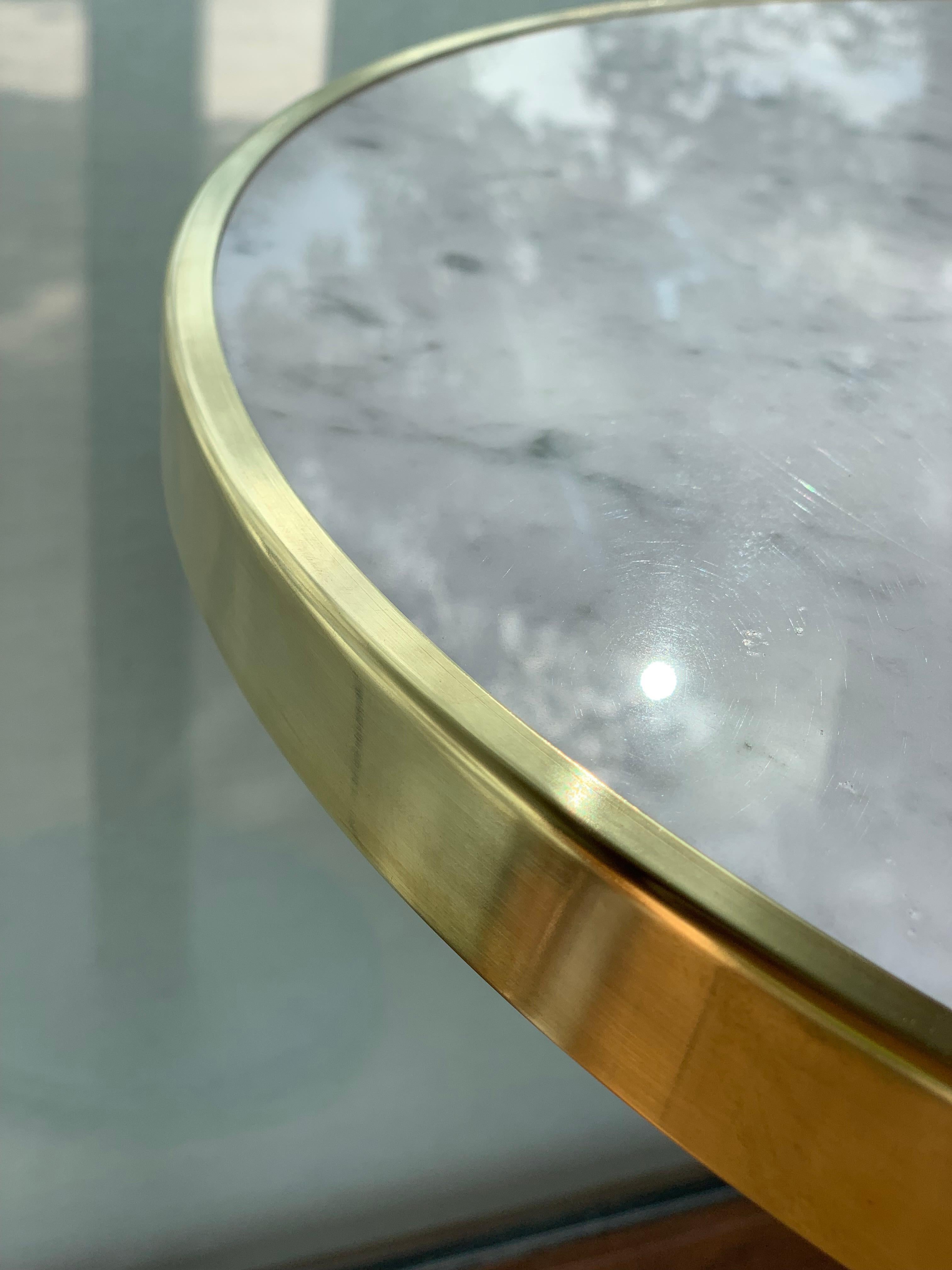 Contemporary New Pedestal High Cocktail table with Marble and Brass Top For Sale