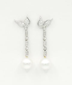 NEW Perfectly Round  White Top -Quality South Sea Pearls Diamond Drop Earrings