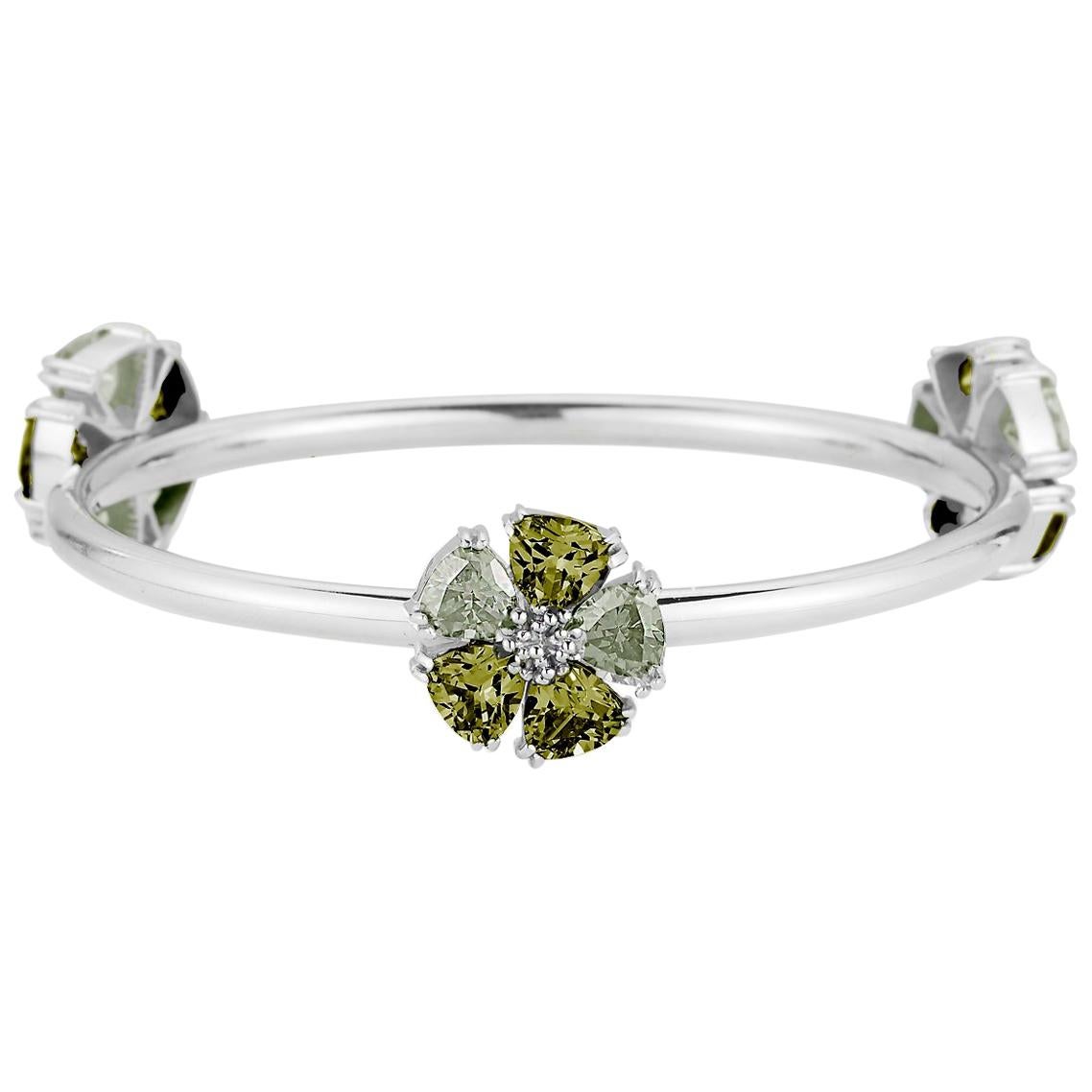 Peridot and Olive Peridot Triple Blossom Mixed Stone Bangle Bracelet For Sale