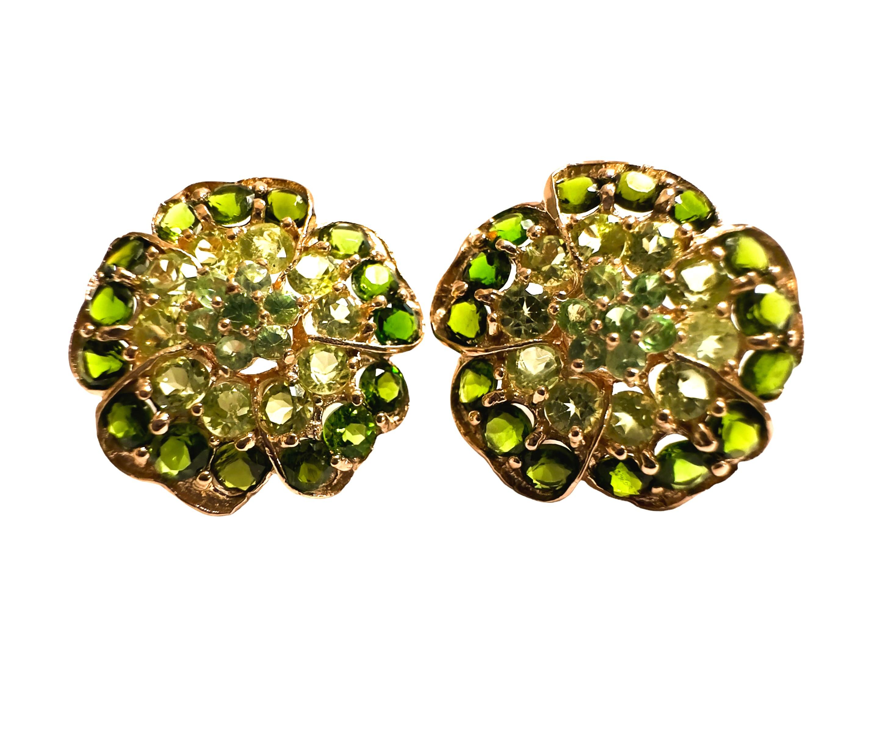 Round Cut New Peridot Chrome Diopside & Tsavorite Rose Gold Plated Sterling Earrings