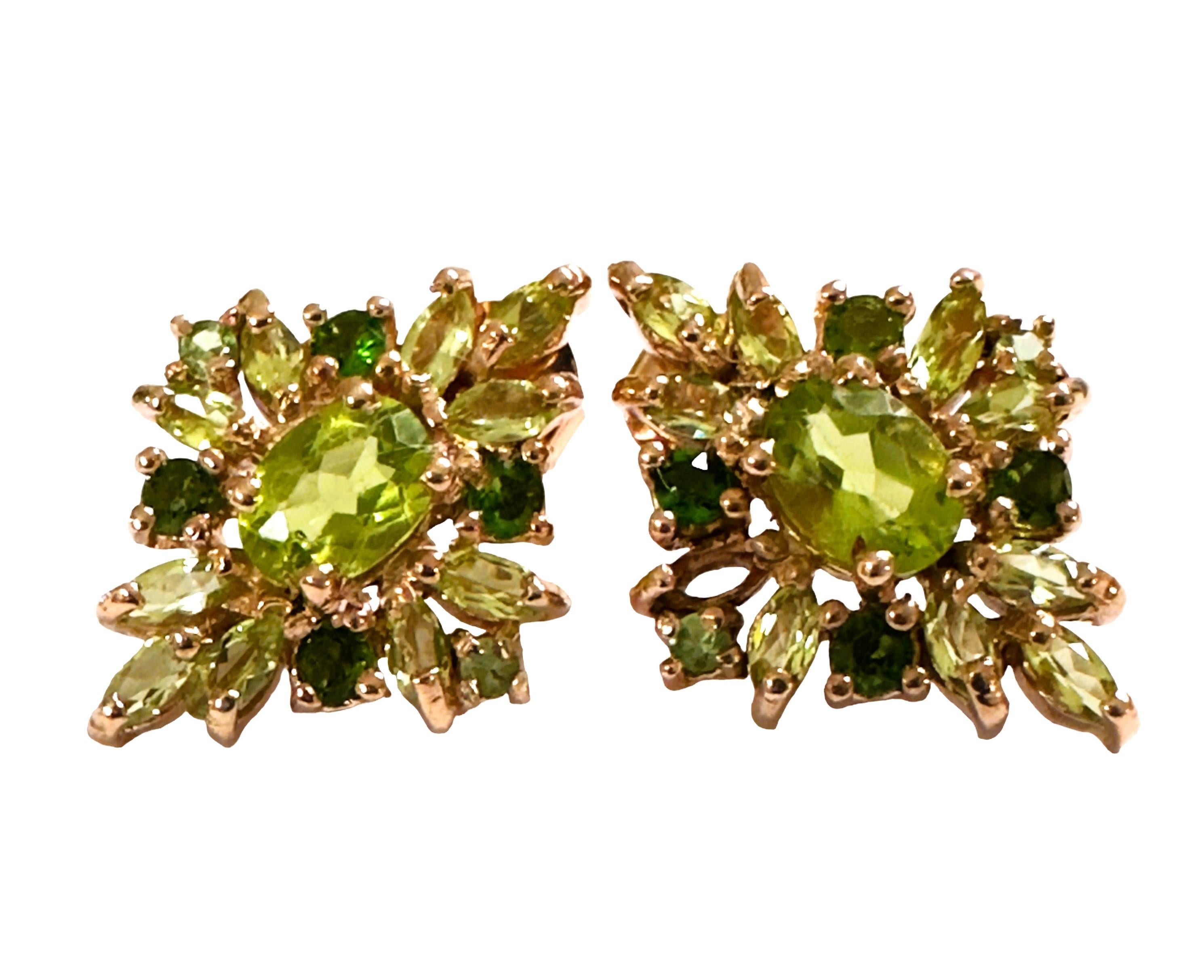 Oval Cut New Peridot, Tsavorite & Chrome Diopside Rose Gold Plated Sterling Post Earrings For Sale