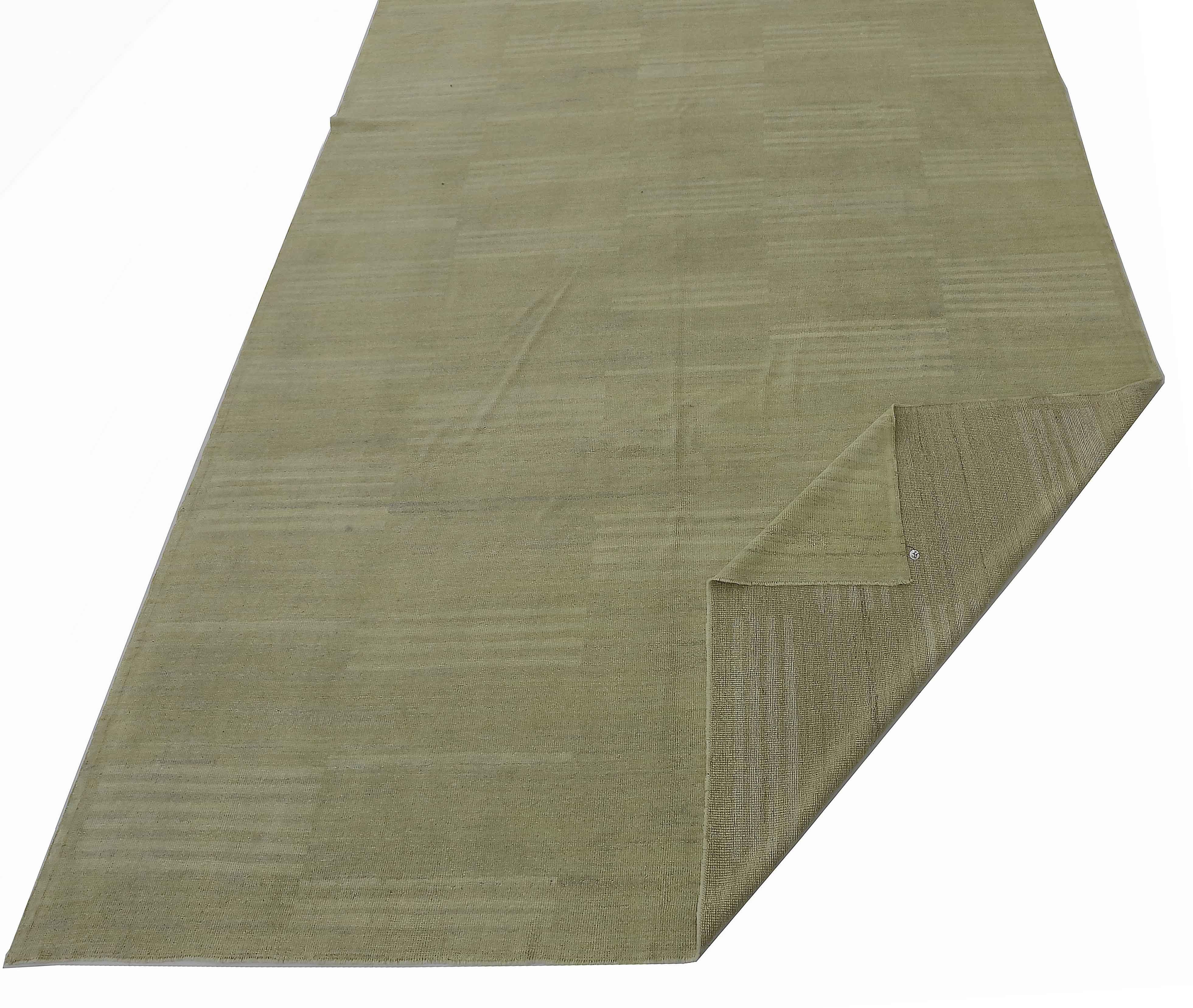 Wool New Persian Flat-Weave Kilim Style Rug with Ivory Stripes on Green Field For Sale