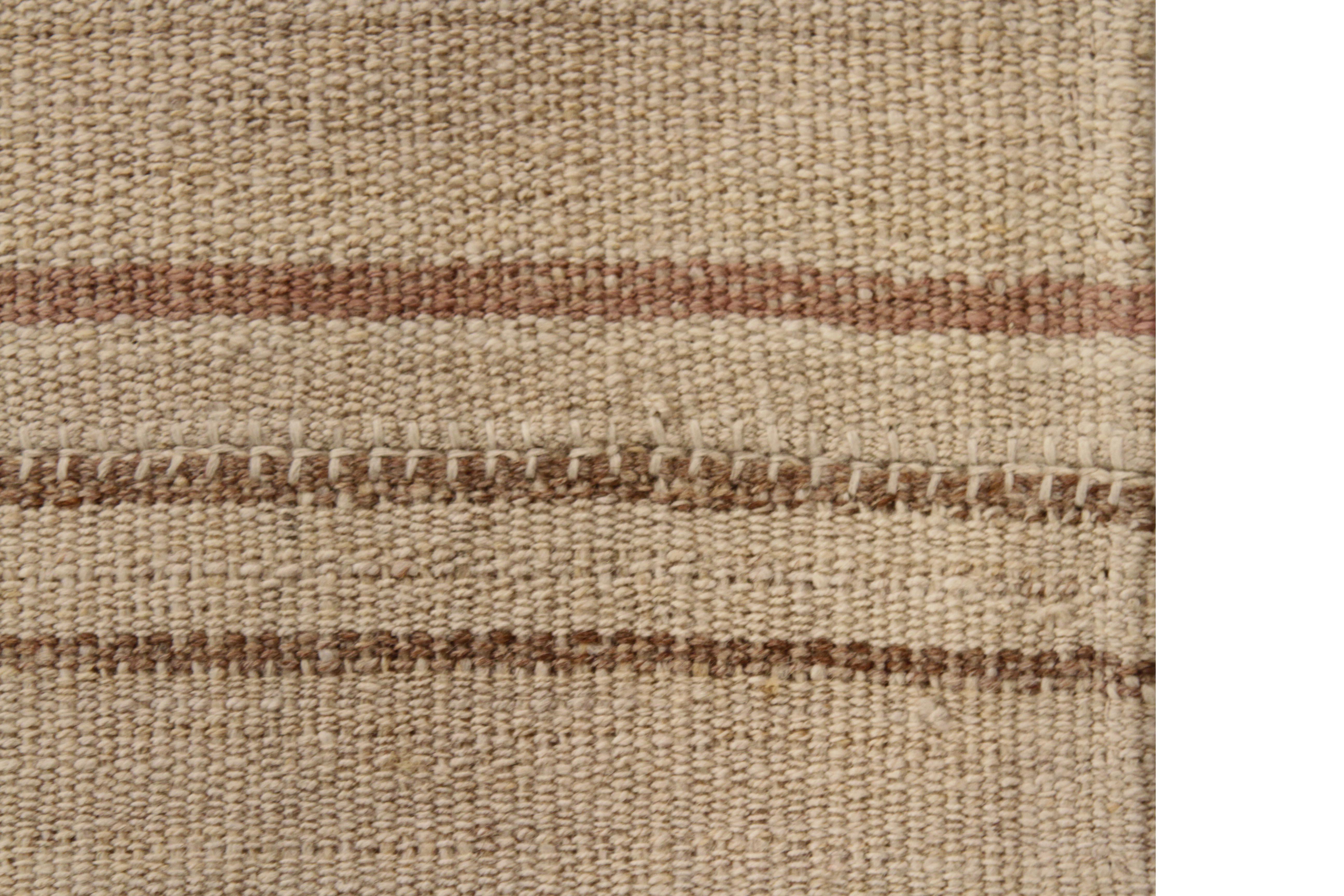 Contemporary New Persian Kilim Rug in Ivory with Beige and Brown Stripes For Sale