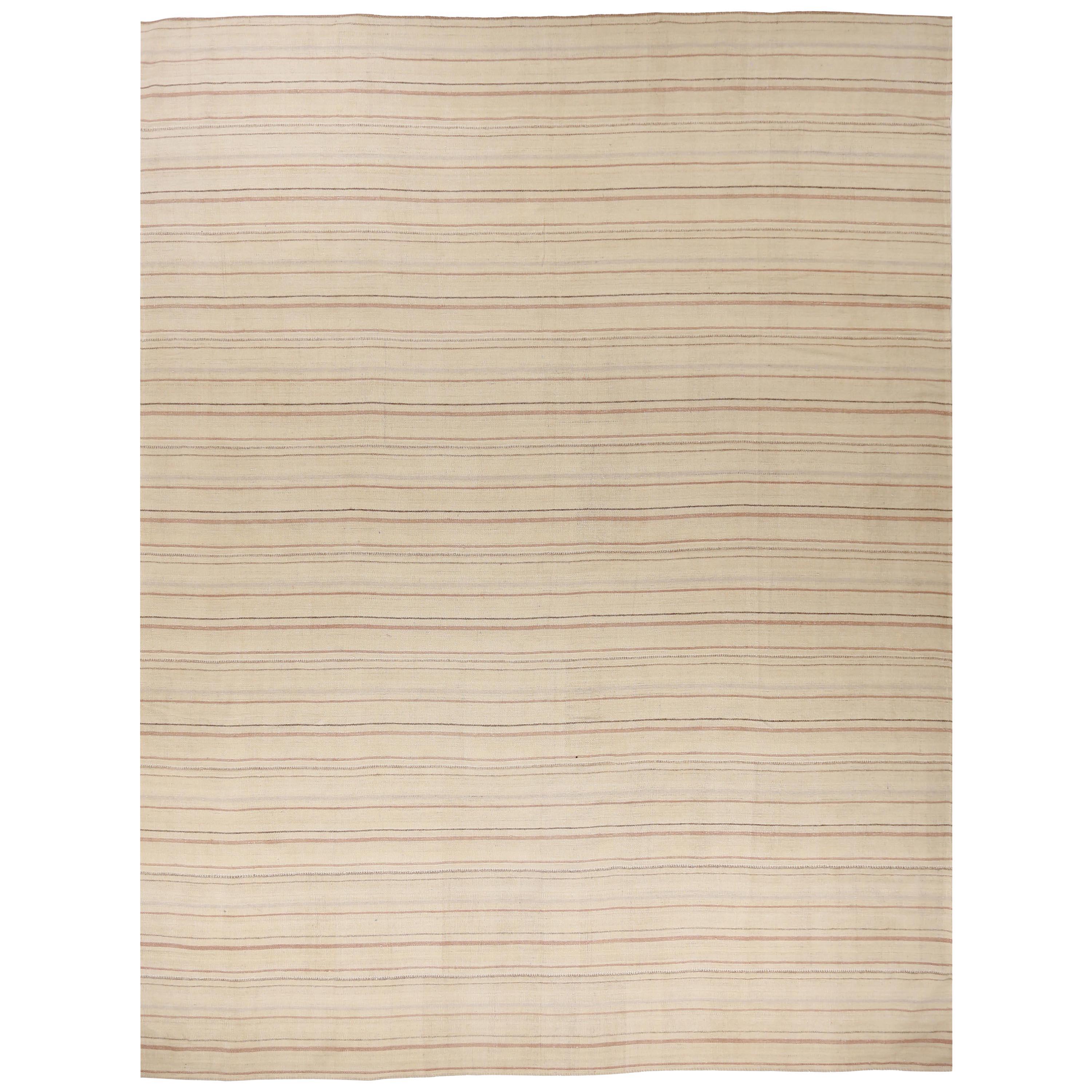 New Persian Kilim Rug in Ivory with Beige and Brown Stripes