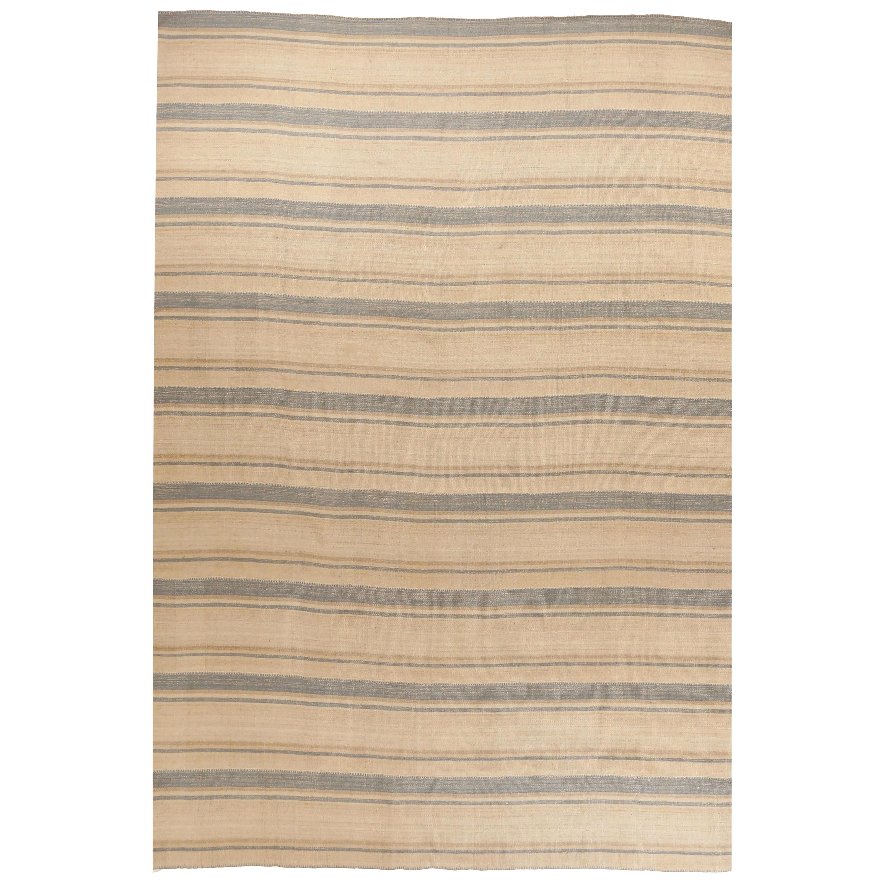 New Persian Kilim Rug in Ivory with Gray and Beige Stripes For Sale
