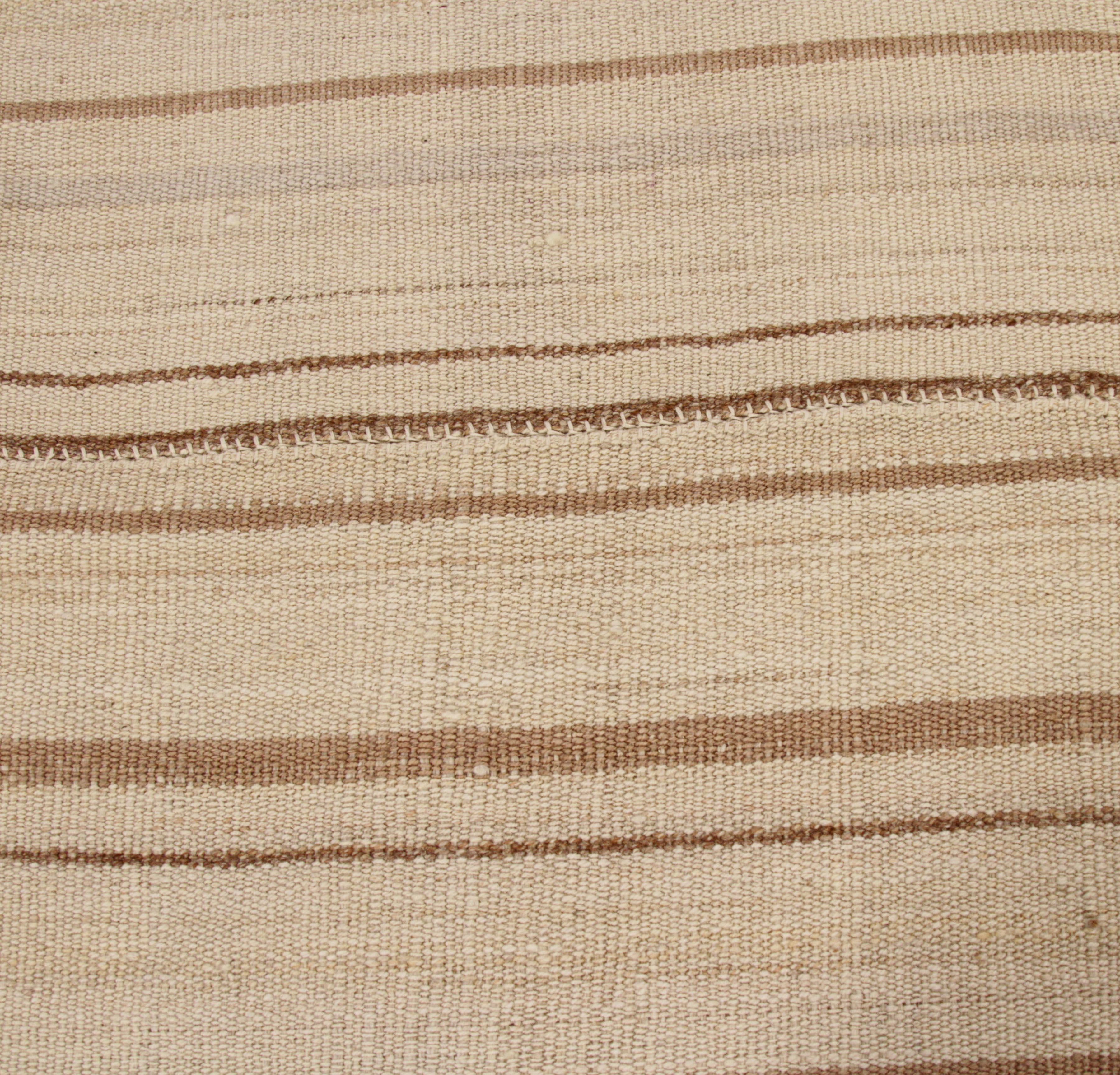 Contemporary New Persian Kilim Rug with Ivory Field and Brown Stripes For Sale