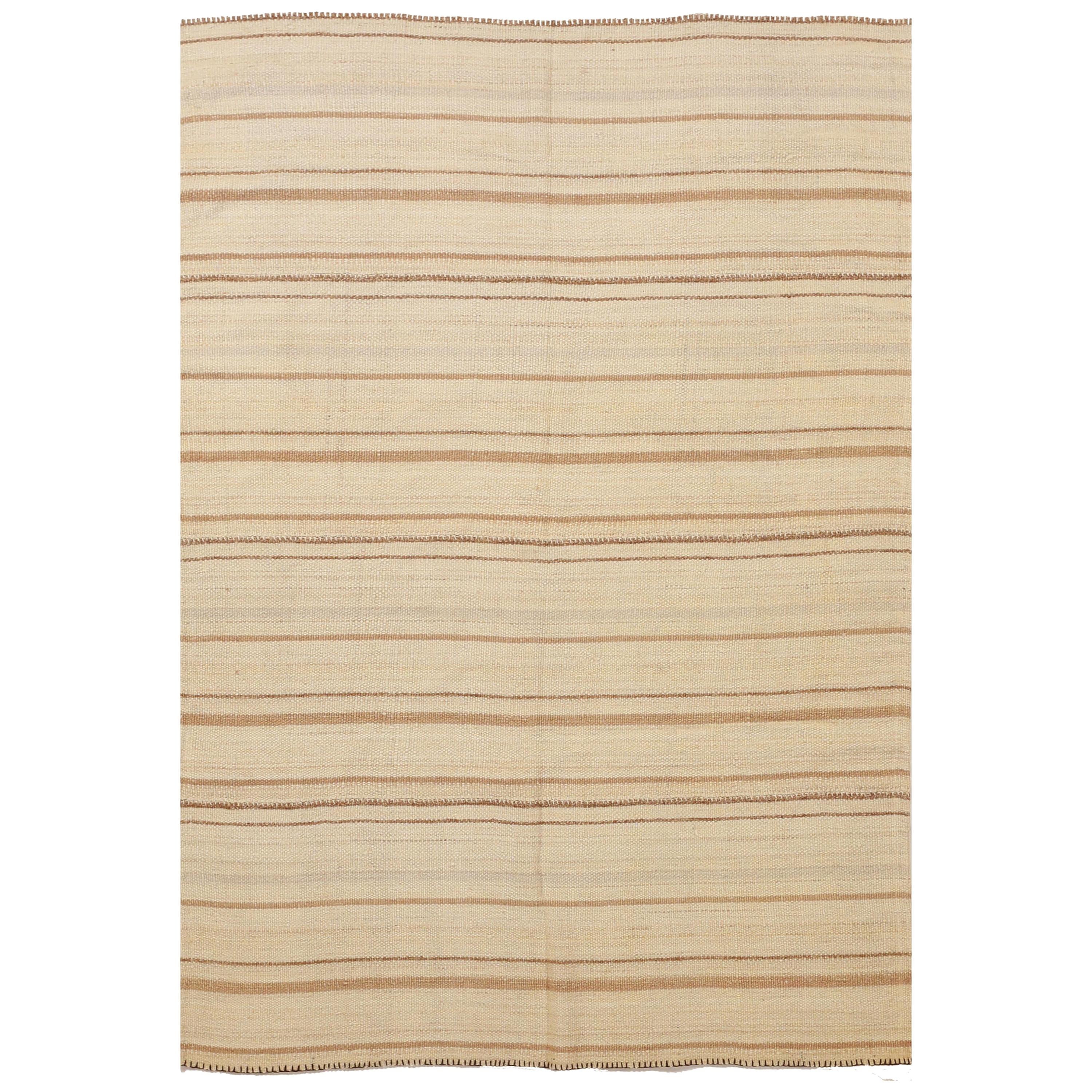 New Persian Kilim Rug with Ivory Field and Brown Stripes For Sale