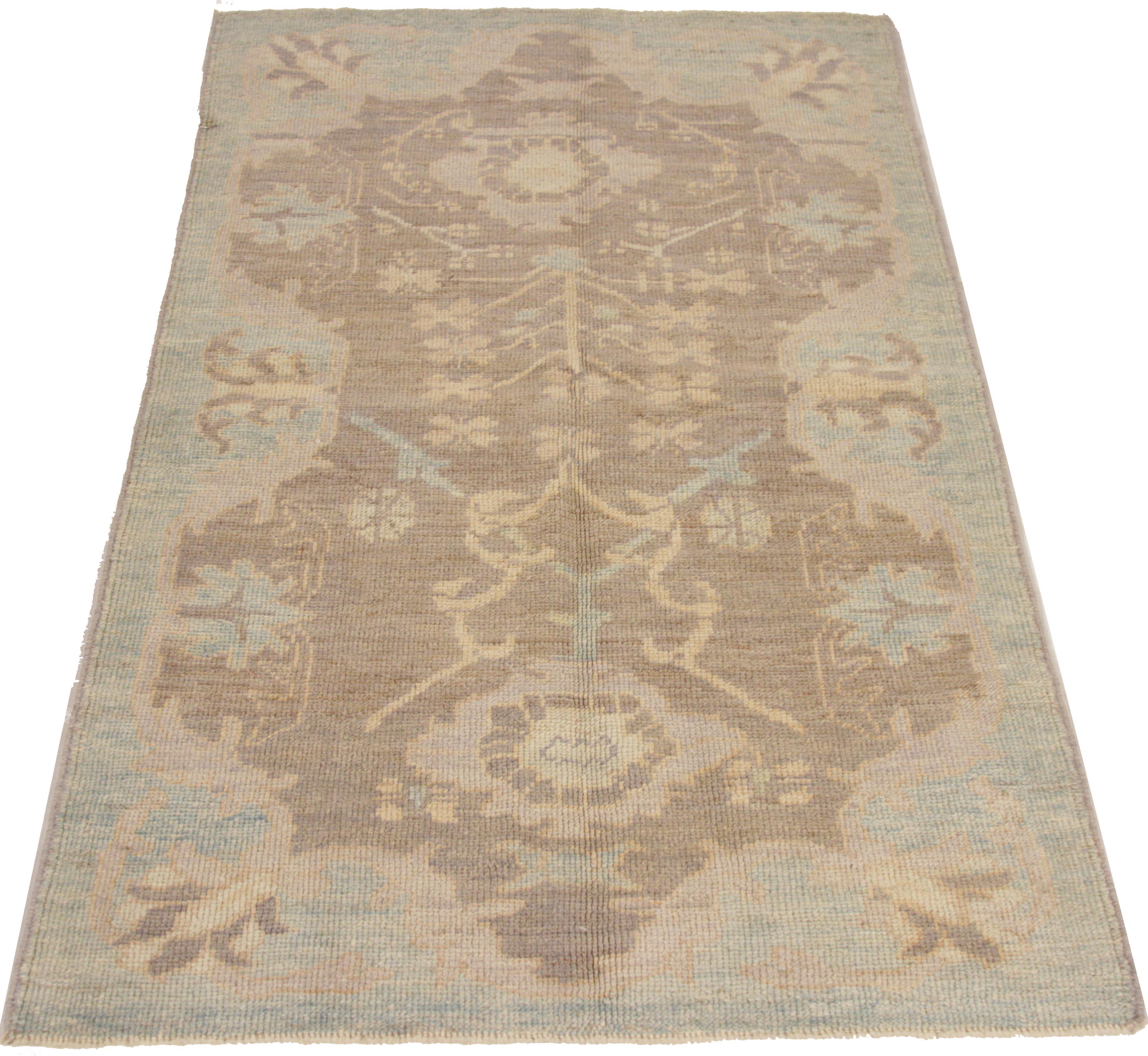 New Persian Oushak Rug with Brown and Blue Floral Design Patterns For Sale 2