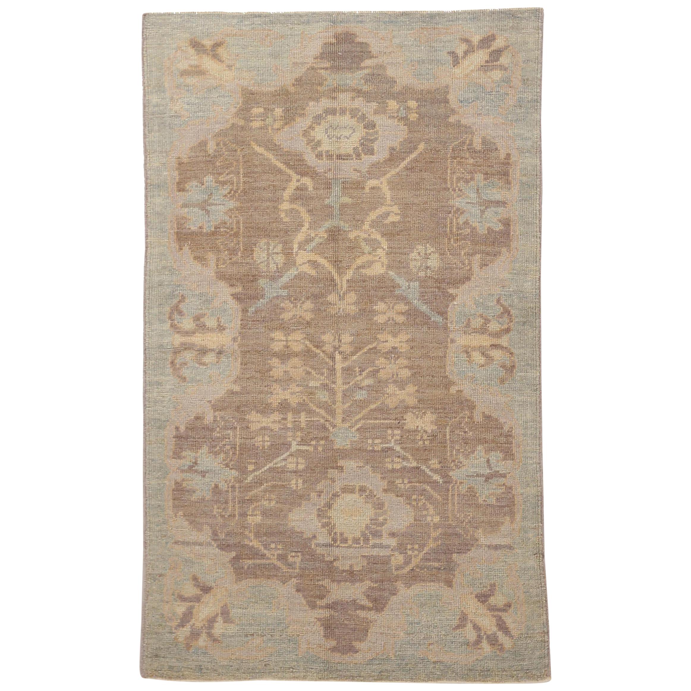 New Persian Oushak Rug with Brown and Blue Floral Design Patterns