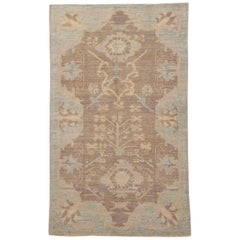 New Persian Oushak Rug with Brown and Blue Floral Design Patterns