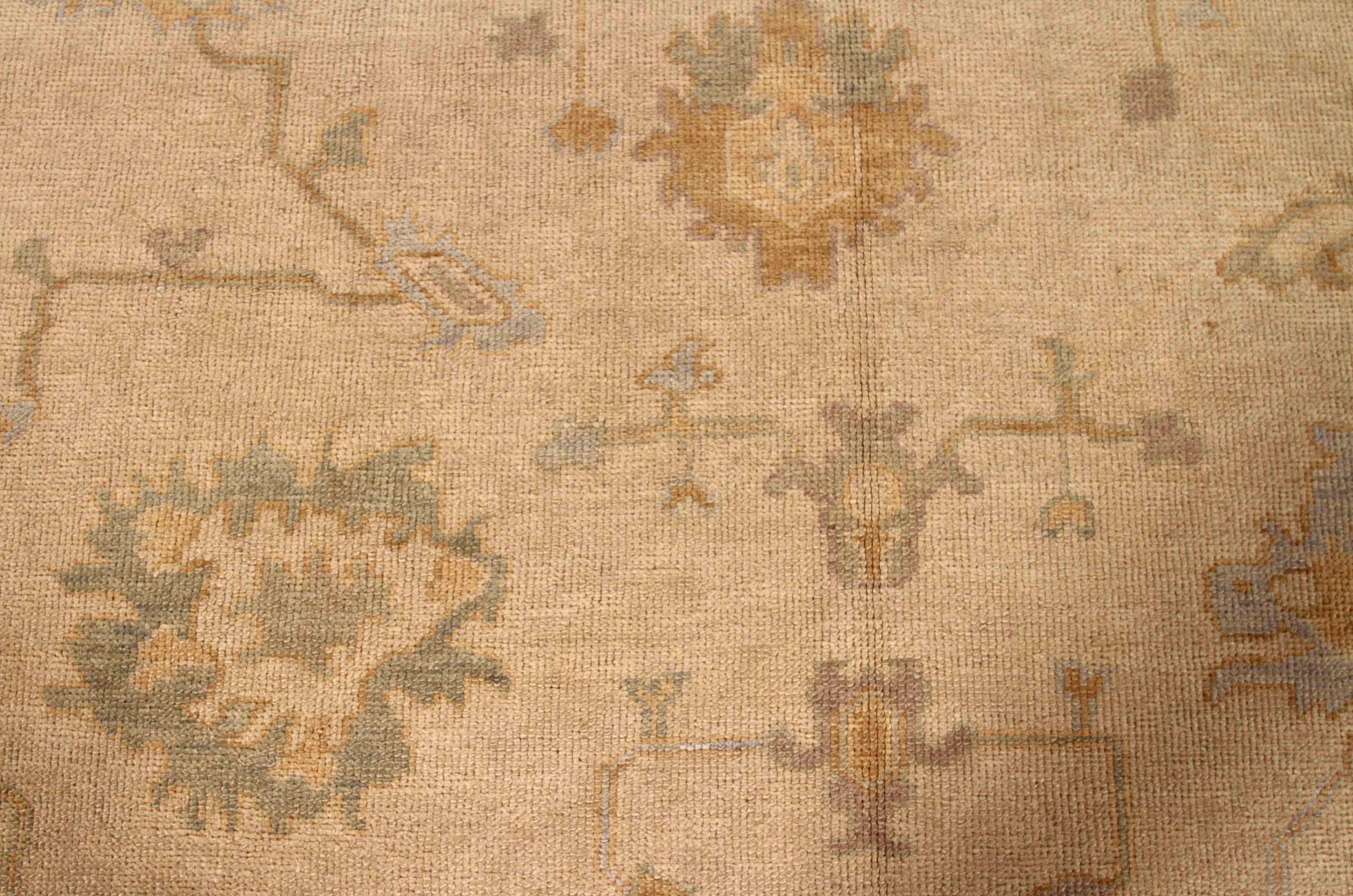 Hand-Knotted New Persian Oushak Rug with Orange and Blue Floral Details Over Beige Field For Sale