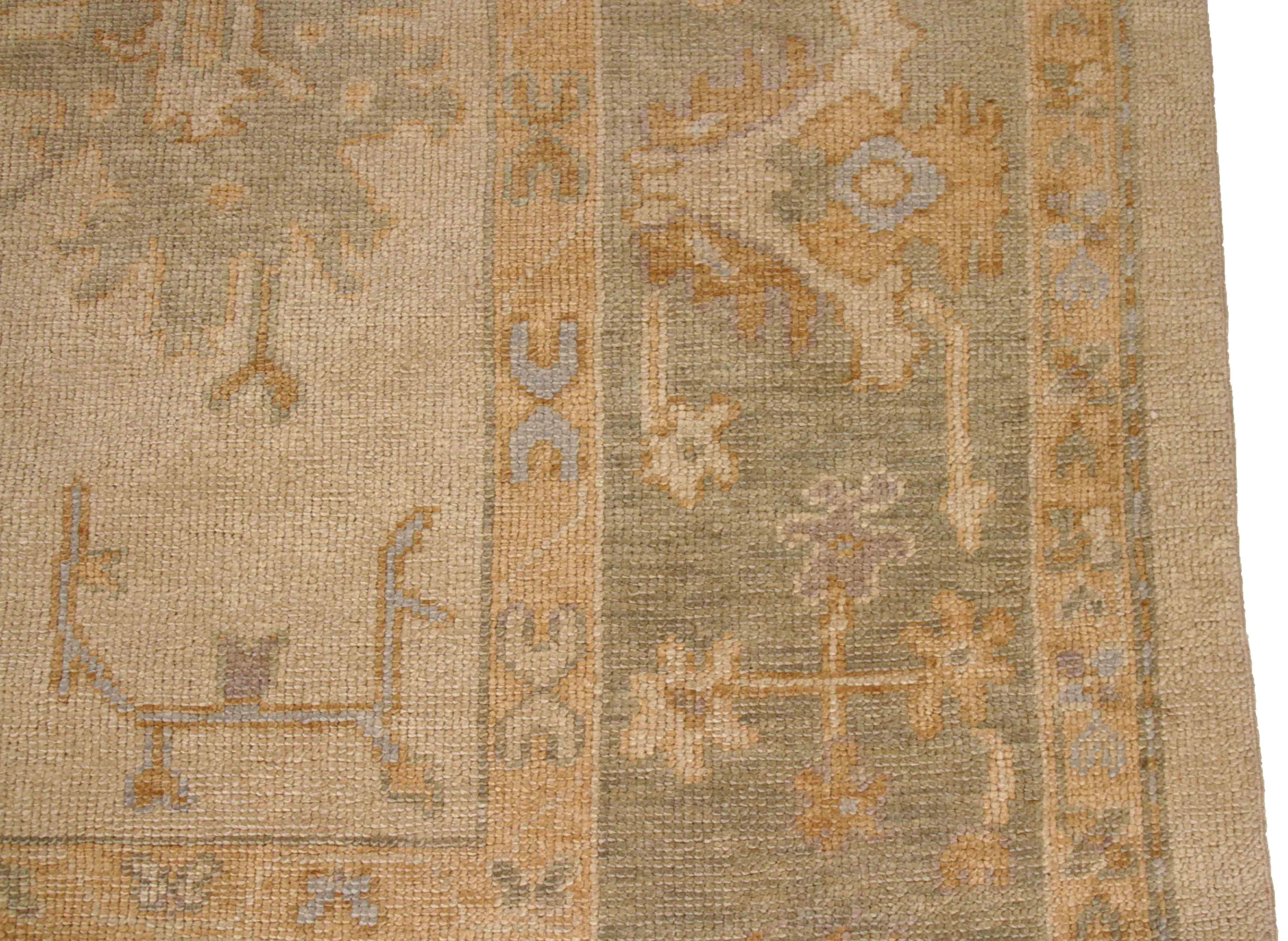 Contemporary New Persian Oushak Rug with Orange and Blue Floral Details Over Beige Field For Sale