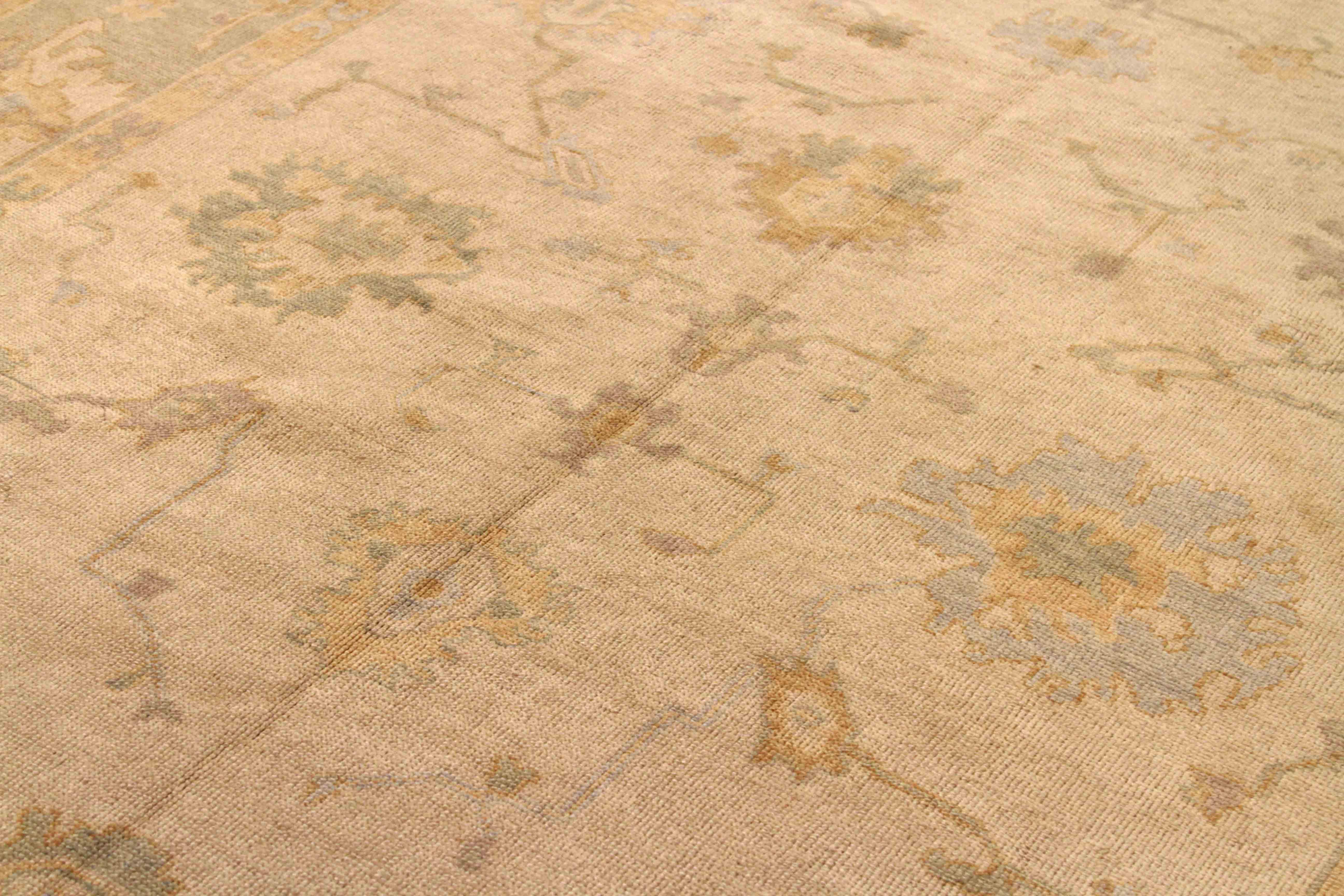 New Persian Oushak Rug with Orange and Blue Floral Details Over Beige Field For Sale 1